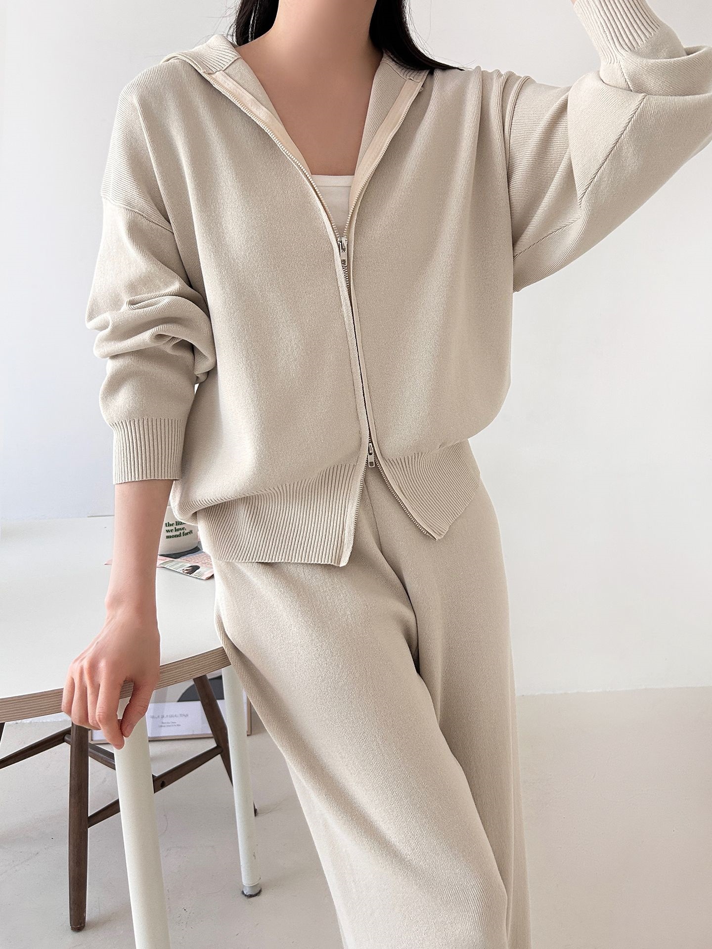 ジップアップハイネックダブルジップウエストゴムセットアップパンツカーディガン | 詳細画像10