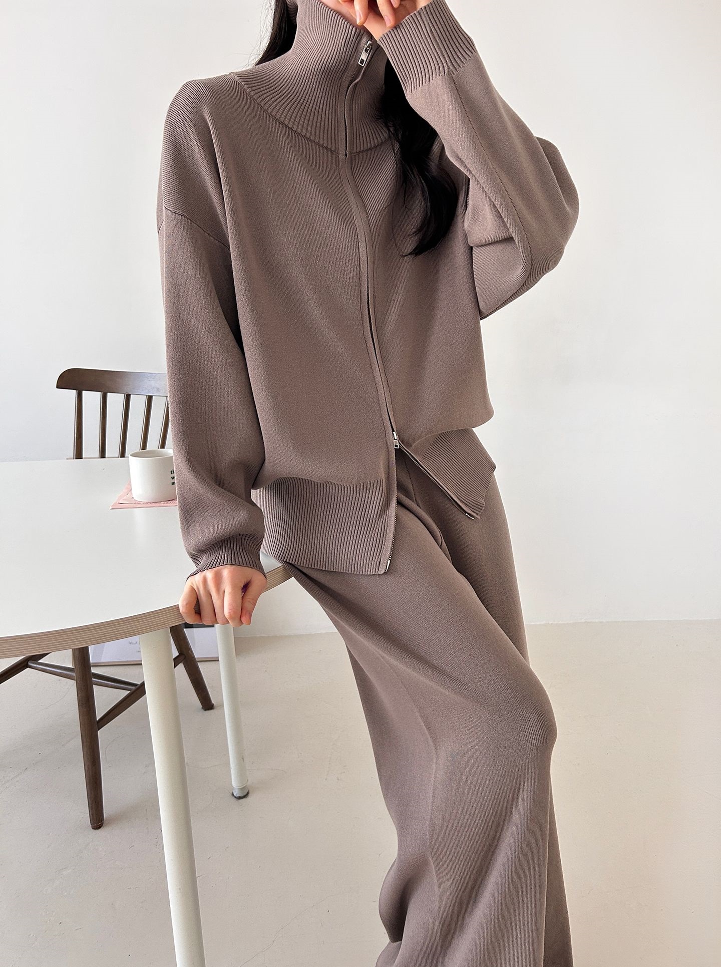 ジップアップハイネックダブルジップウエストゴムセットアップパンツカーディガン | 詳細画像19