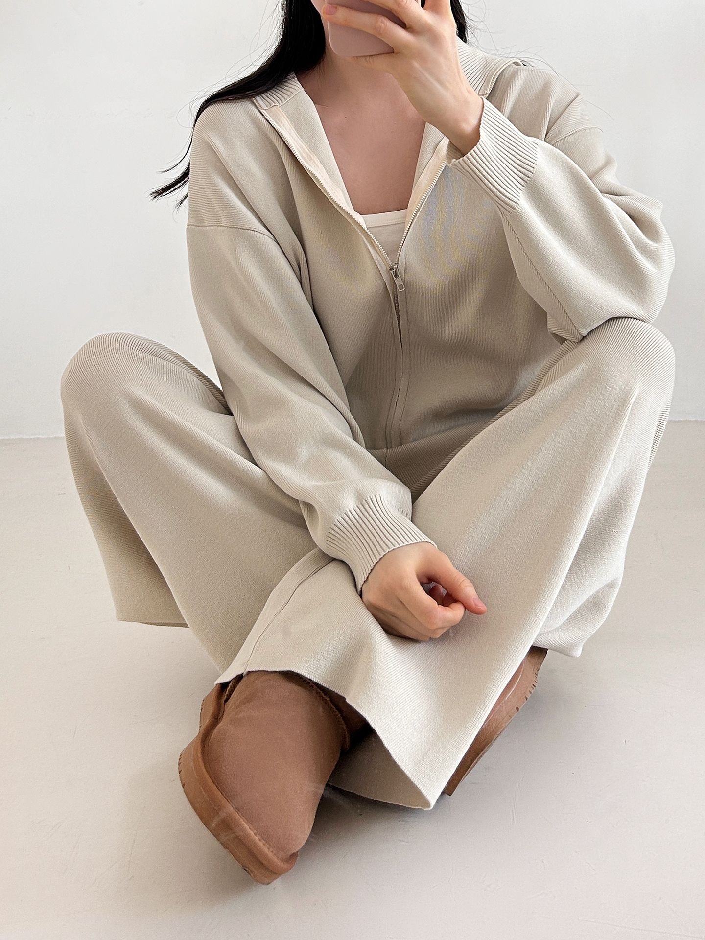 ジップアップハイネックダブルジップウエストゴムセットアップパンツカーディガン | 詳細画像15