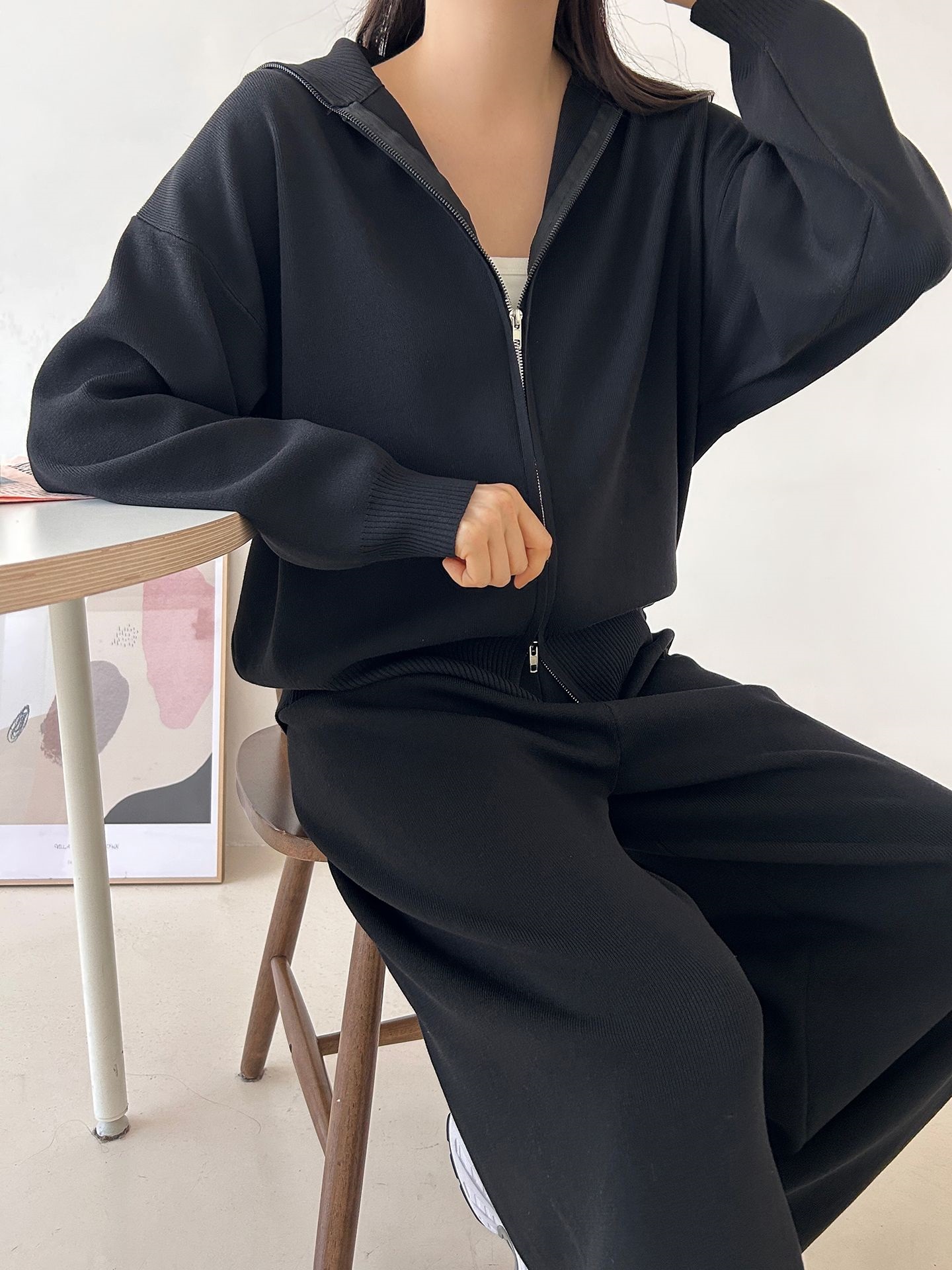 ジップアップハイネックダブルジップウエストゴムセットアップパンツカーディガン | 詳細画像34