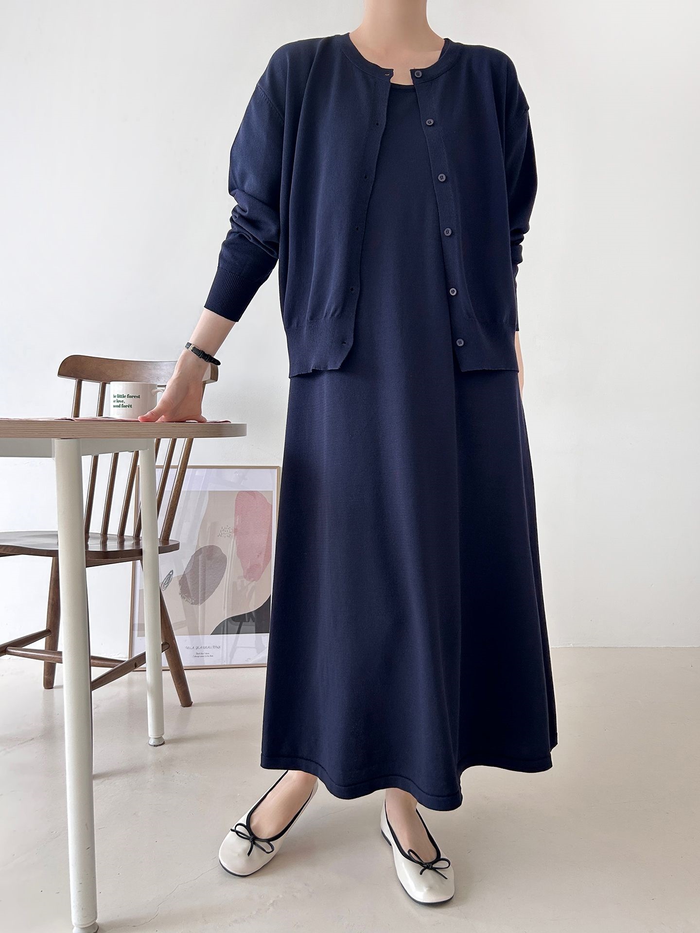 ニットラウンドネックベーシックロングワンピースカーディガンアンサンブル | 詳細画像3