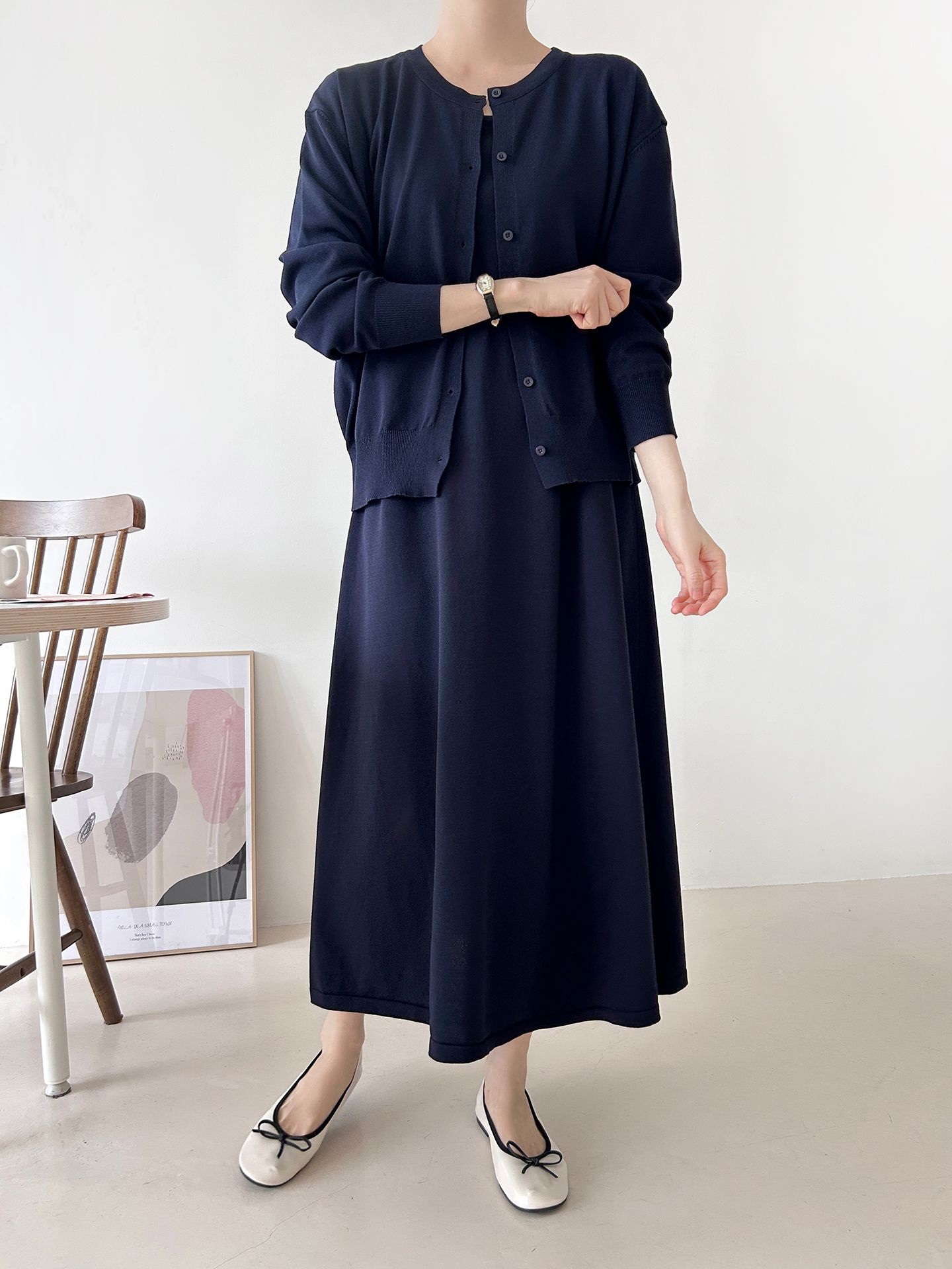 ニットラウンドネックベーシックロングワンピースカーディガンアンサンブル | 詳細画像9