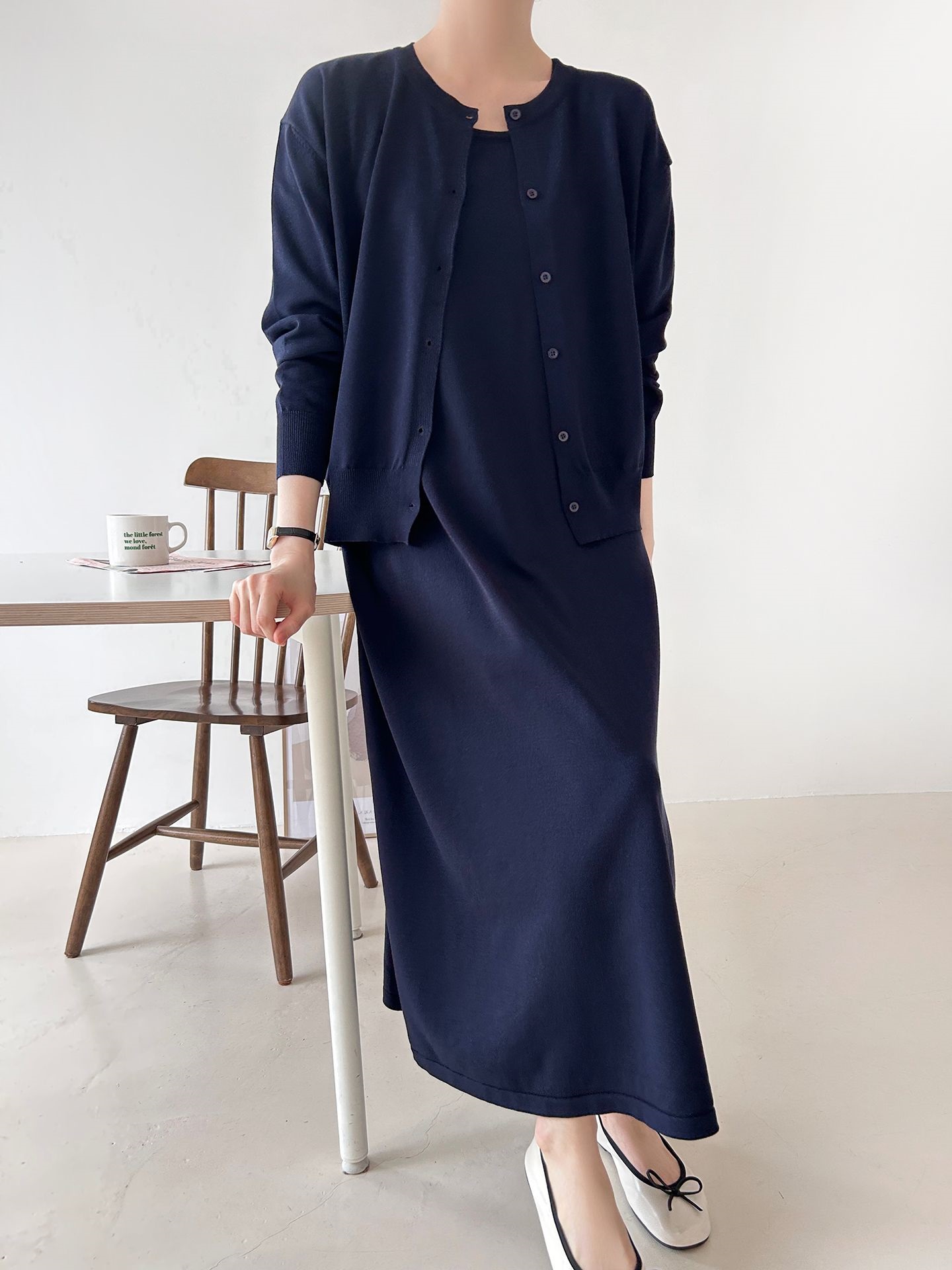 ニットラウンドネックベーシックロングワンピースカーディガンアンサンブル | 詳細画像13