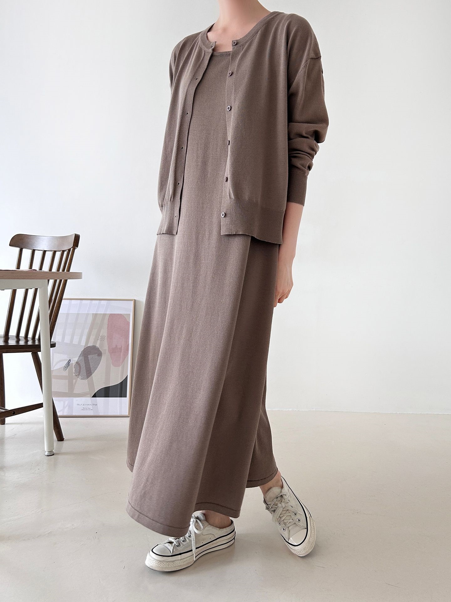 ニットラウンドネックベーシックロングワンピースカーディガンアンサンブル | 詳細画像26