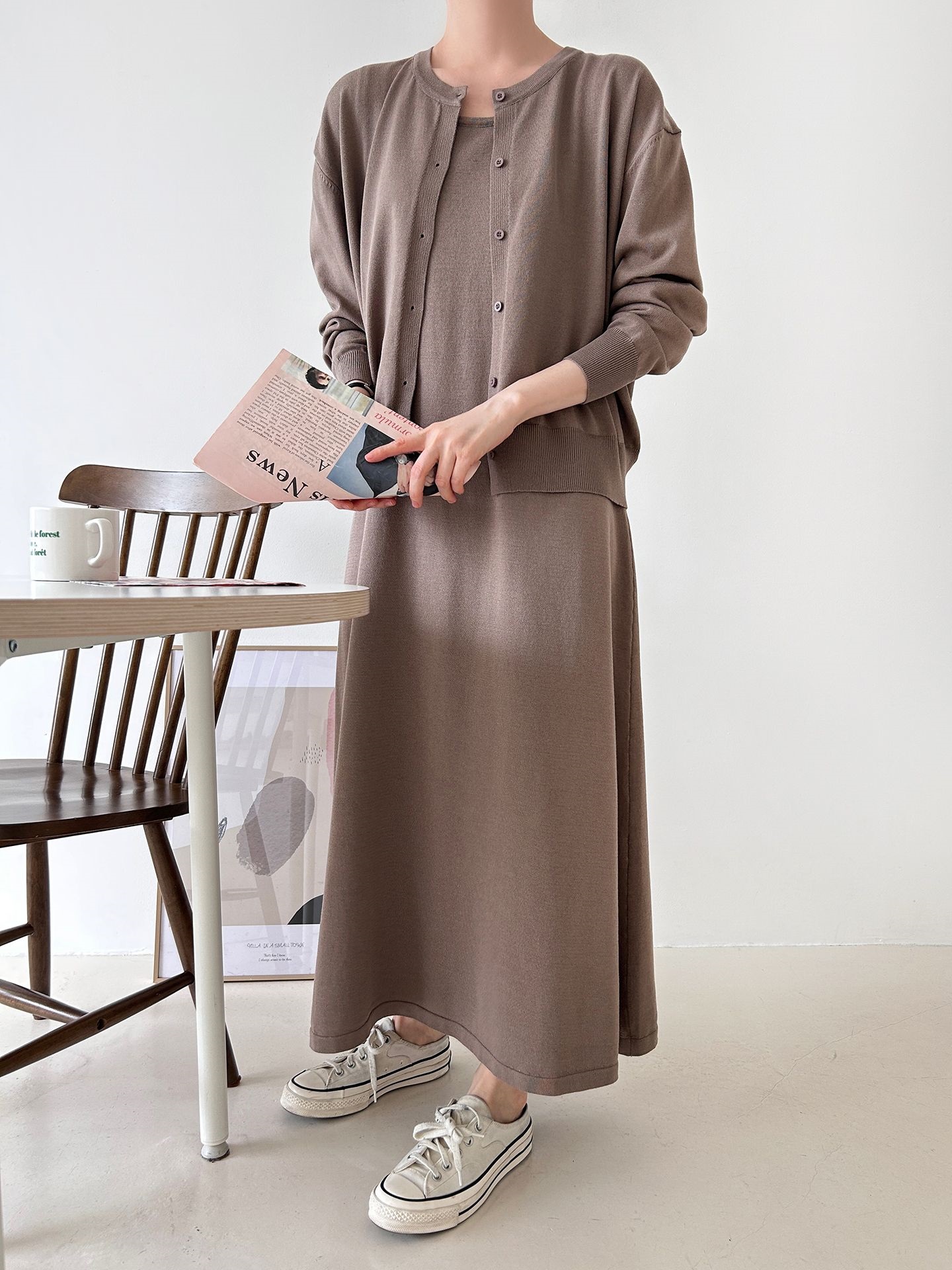 ニットラウンドネックベーシックロングワンピースカーディガンアンサンブル | 詳細画像24