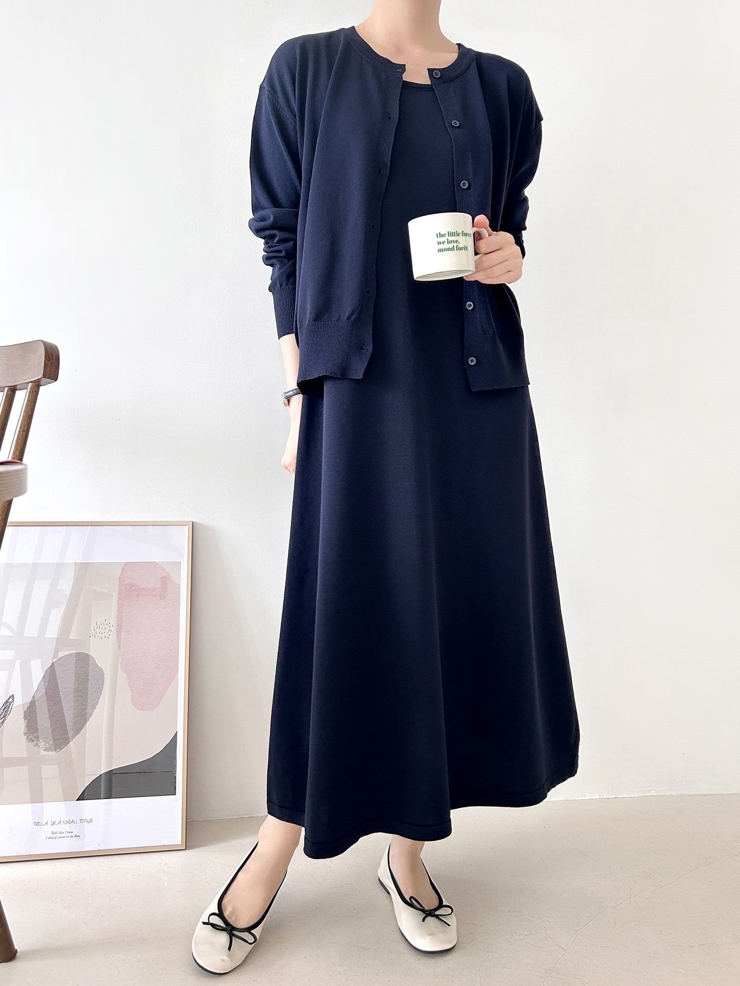 ニットラウンドネックベーシックロングワンピースカーディガンアンサンブル | 詳細画像17