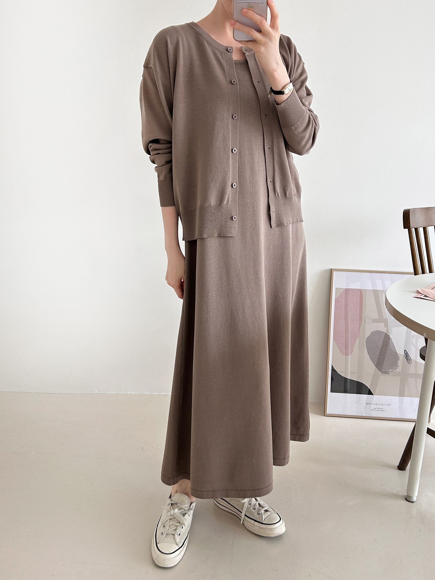 ニットラウンドネックベーシックロングワンピースカーディガンアンサンブル | 詳細画像18