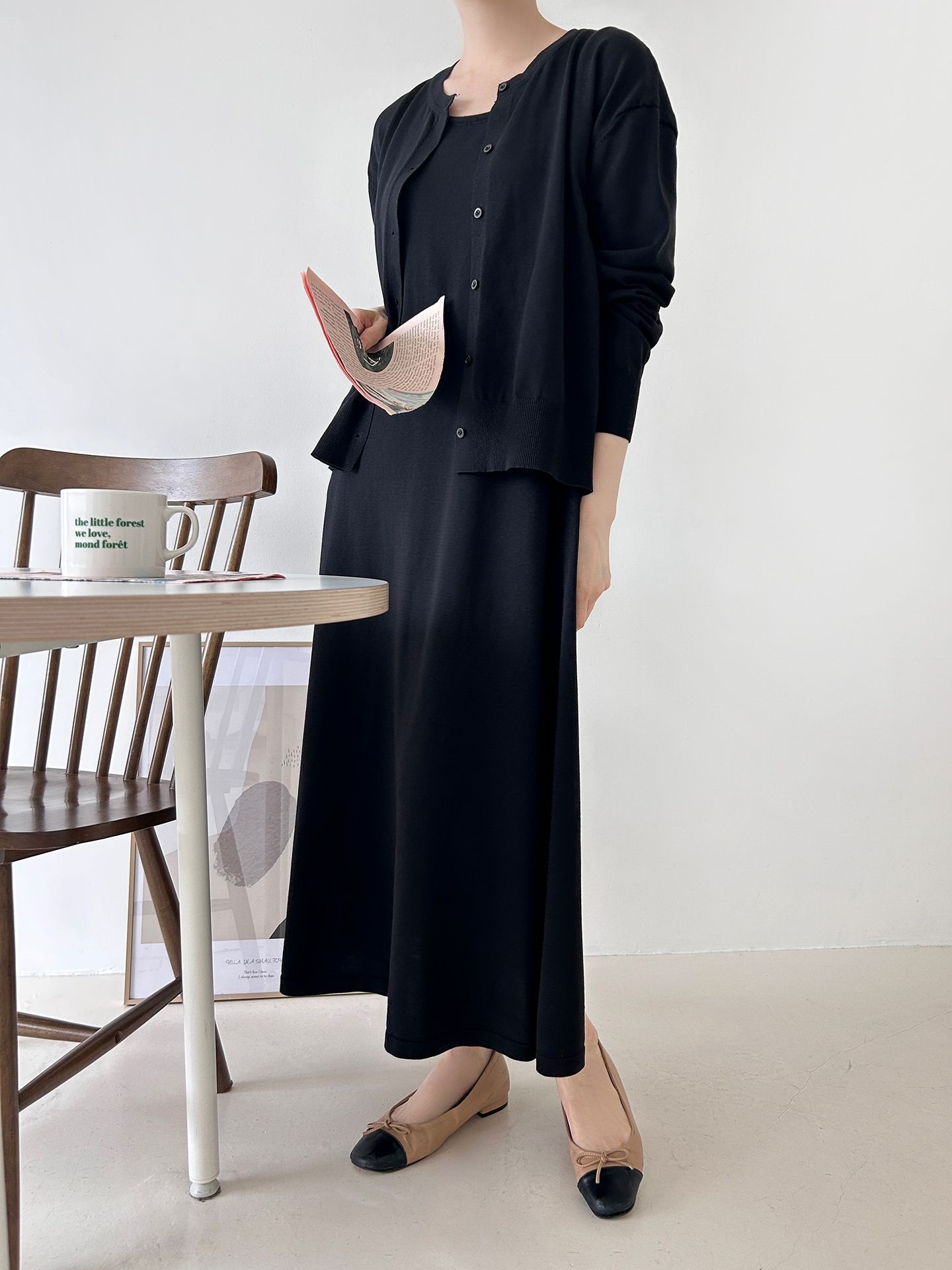 ニットラウンドネックベーシックロングワンピースカーディガンアンサンブル | 詳細画像35