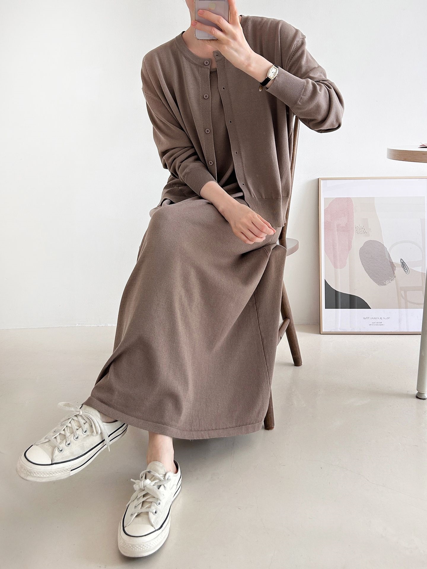 ニットラウンドネックベーシックロングワンピースカーディガンアンサンブル | 詳細画像23