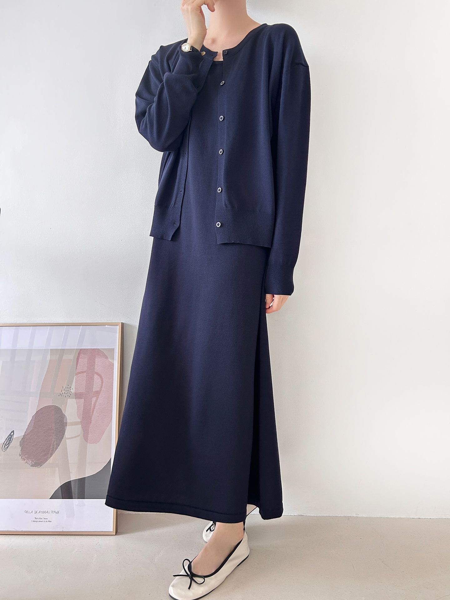 ニットラウンドネックベーシックロングワンピースカーディガンアンサンブル | 詳細画像15