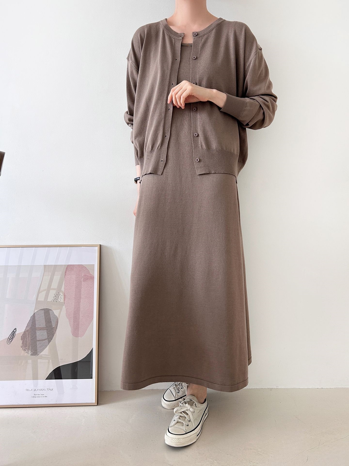 ニットラウンドネックベーシックロングワンピースカーディガンアンサンブル | 詳細画像25