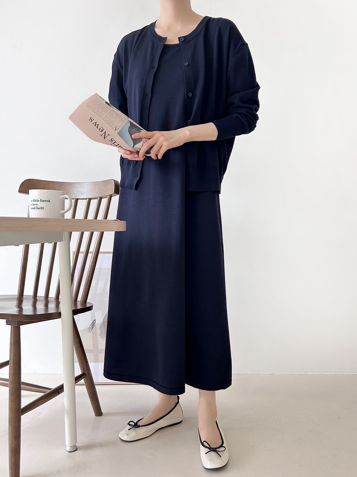 ニットラウンドネックベーシックロングワンピースカーディガンアンサンブル | 詳細画像14