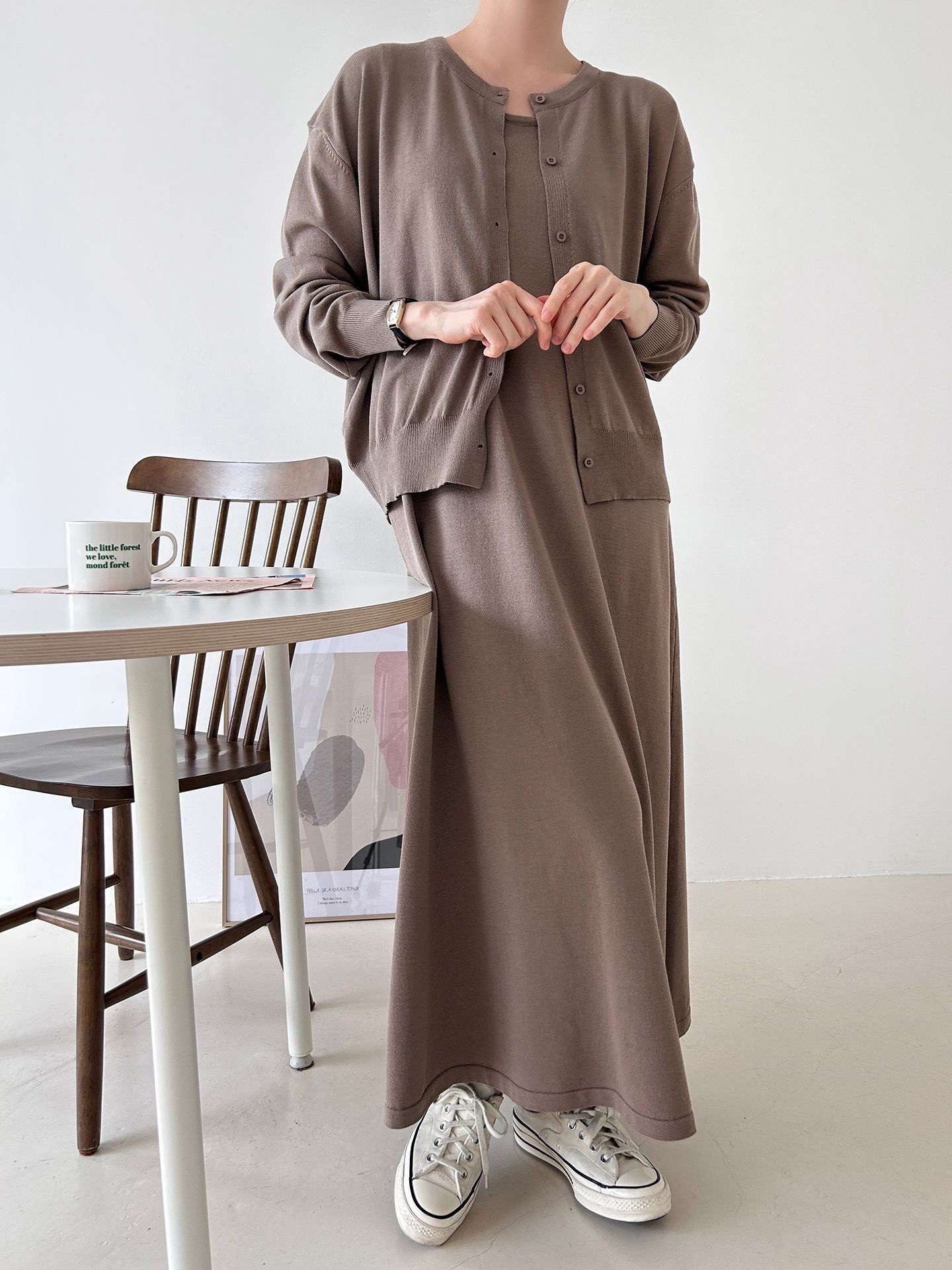 ニットラウンドネックベーシックロングワンピースカーディガンアンサンブル | 詳細画像27