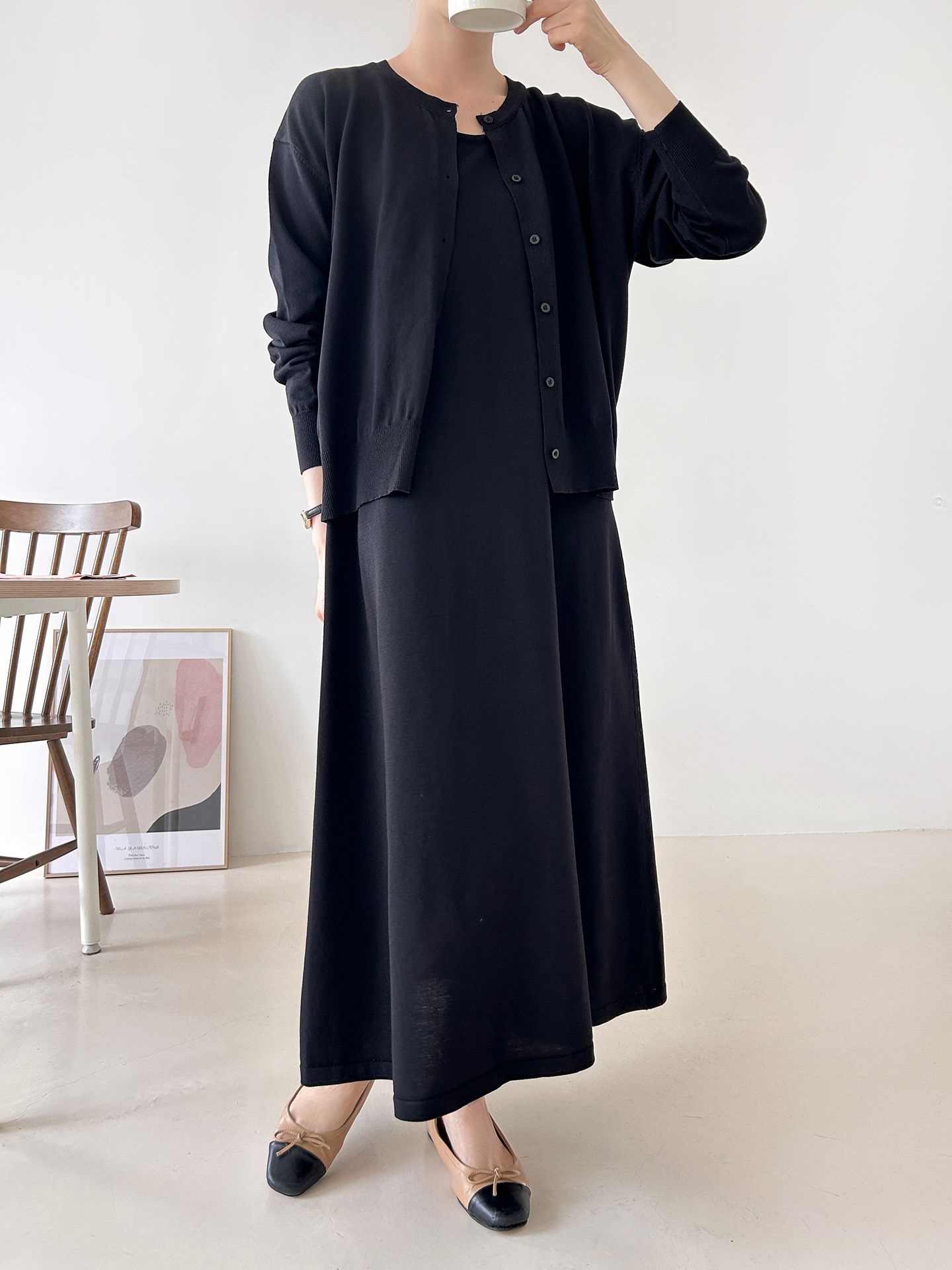 ニットラウンドネックベーシックロングワンピースカーディガンアンサンブル | 詳細画像32