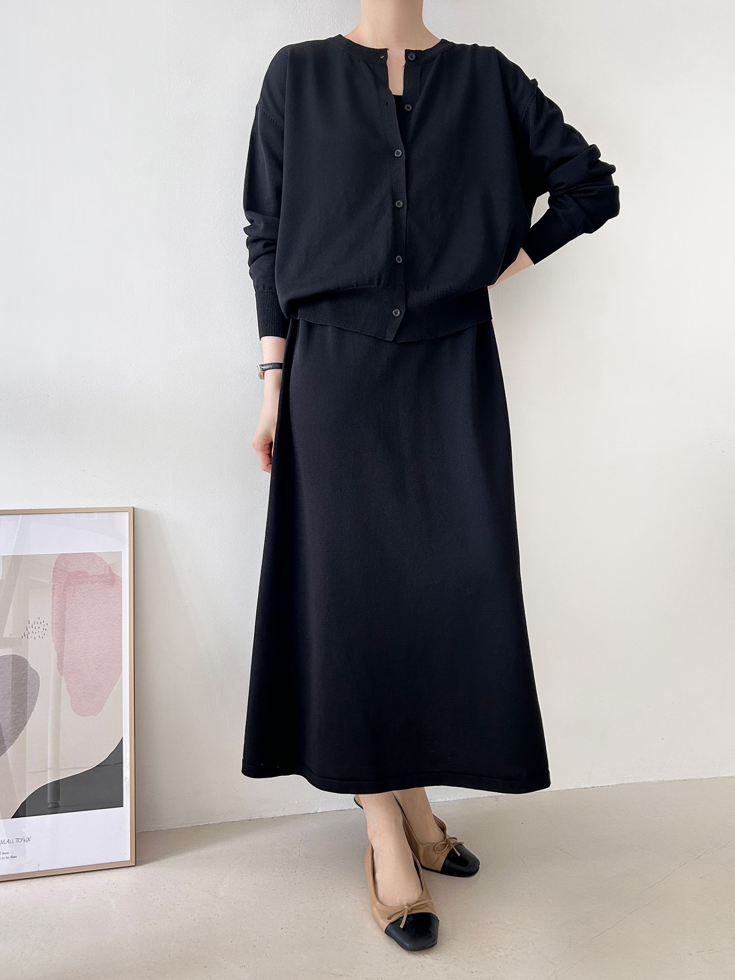 ニットラウンドネックベーシックロングワンピースカーディガンアンサンブル | 詳細画像33