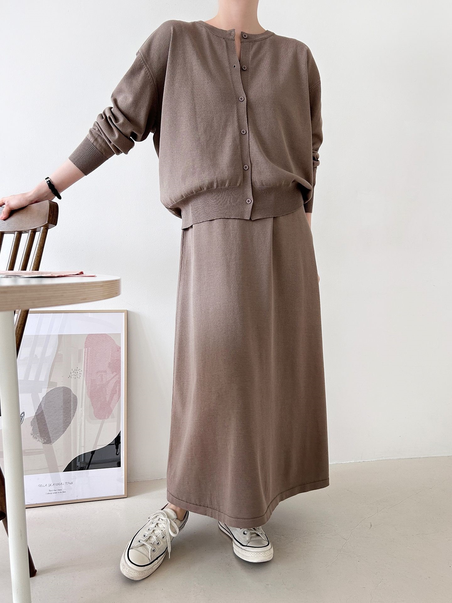 ニットラウンドネックベーシックロングワンピースカーディガンアンサンブル | 詳細画像20