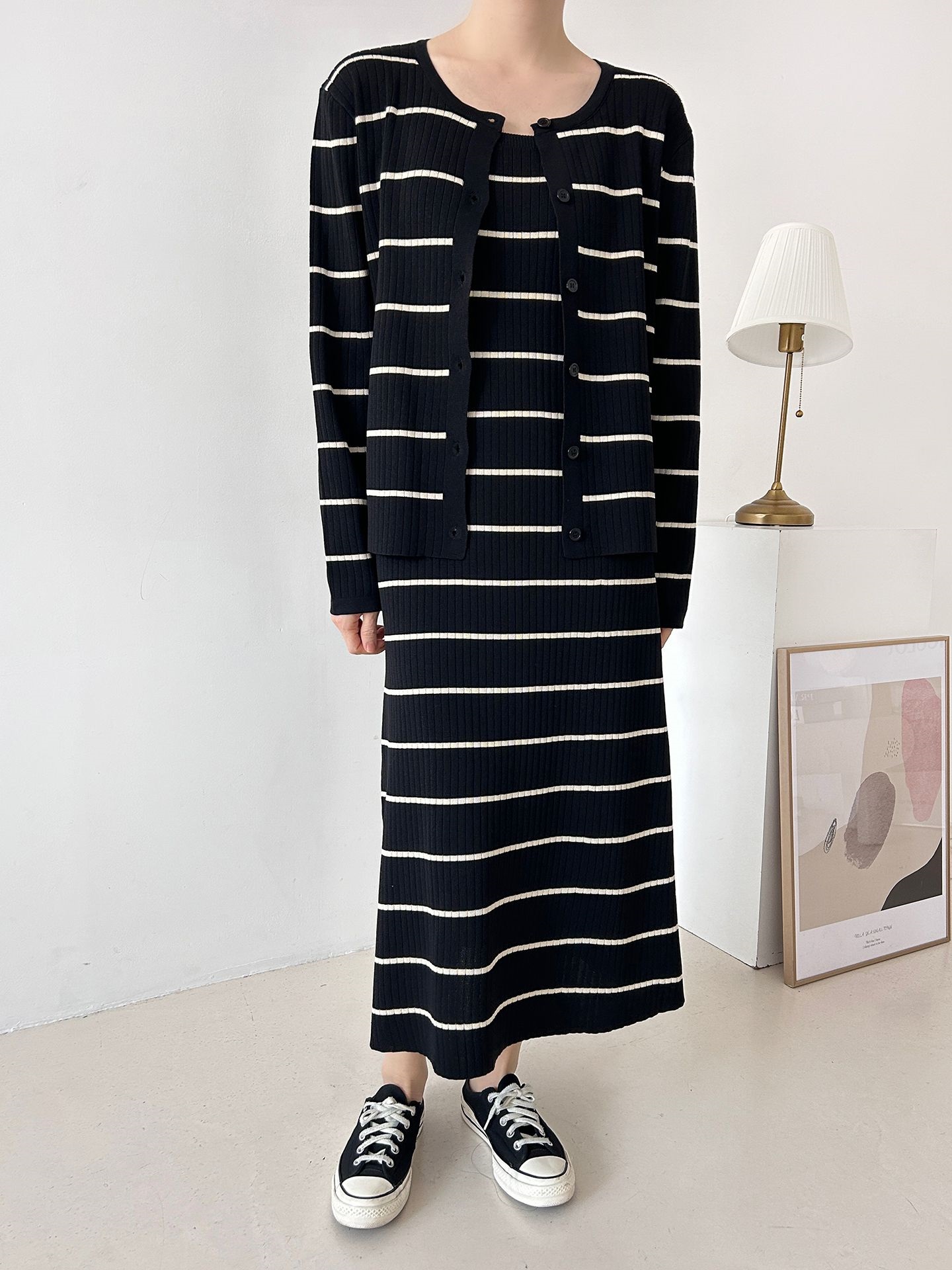 ニットラウンドネックボーダーワンピースカーディガンアンサンブル | 詳細画像4