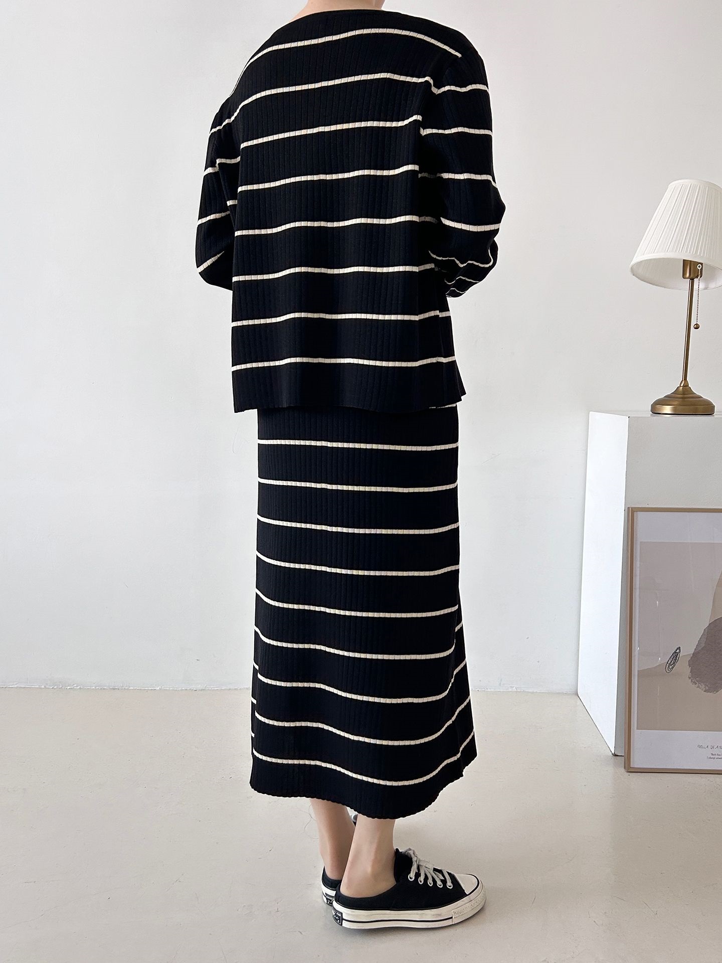 ニットラウンドネックボーダーワンピースカーディガンアンサンブル | 詳細画像5