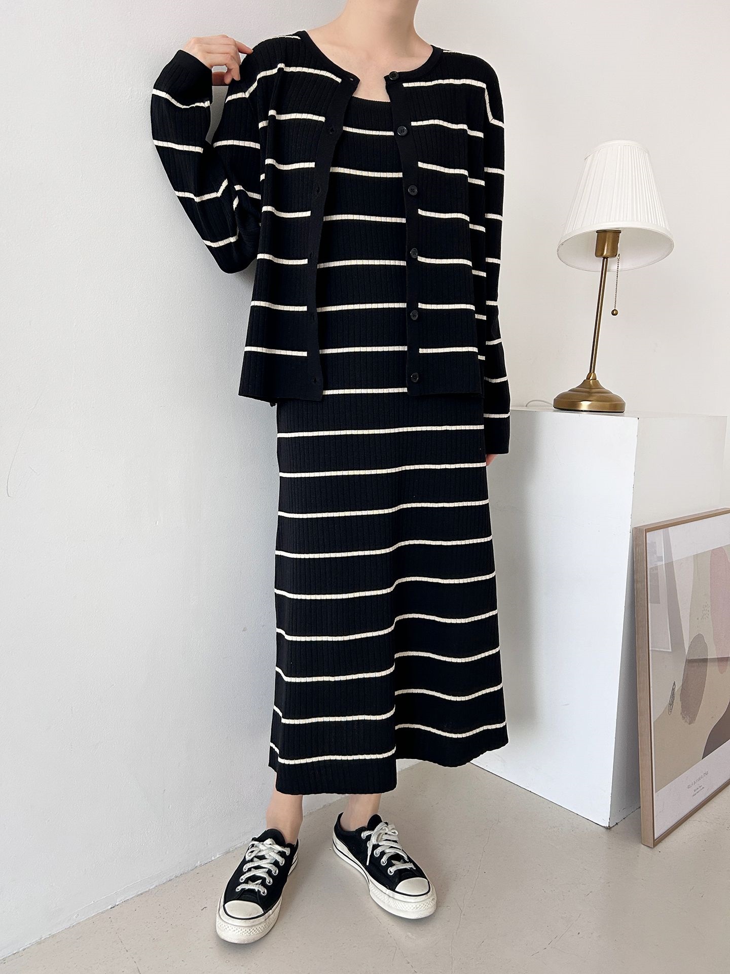 ニットラウンドネックボーダーワンピースカーディガンアンサンブル | 詳細画像6