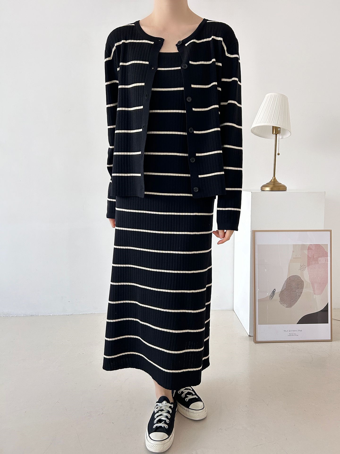 ニットラウンドネックボーダーワンピースカーディガンアンサンブル | 詳細画像8