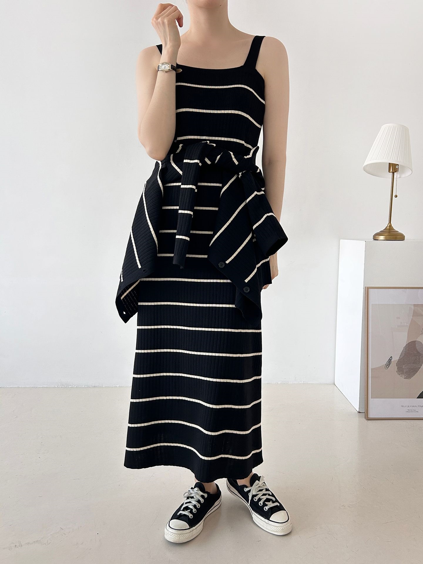 ニットラウンドネックボーダーワンピースカーディガンアンサンブル | 詳細画像9