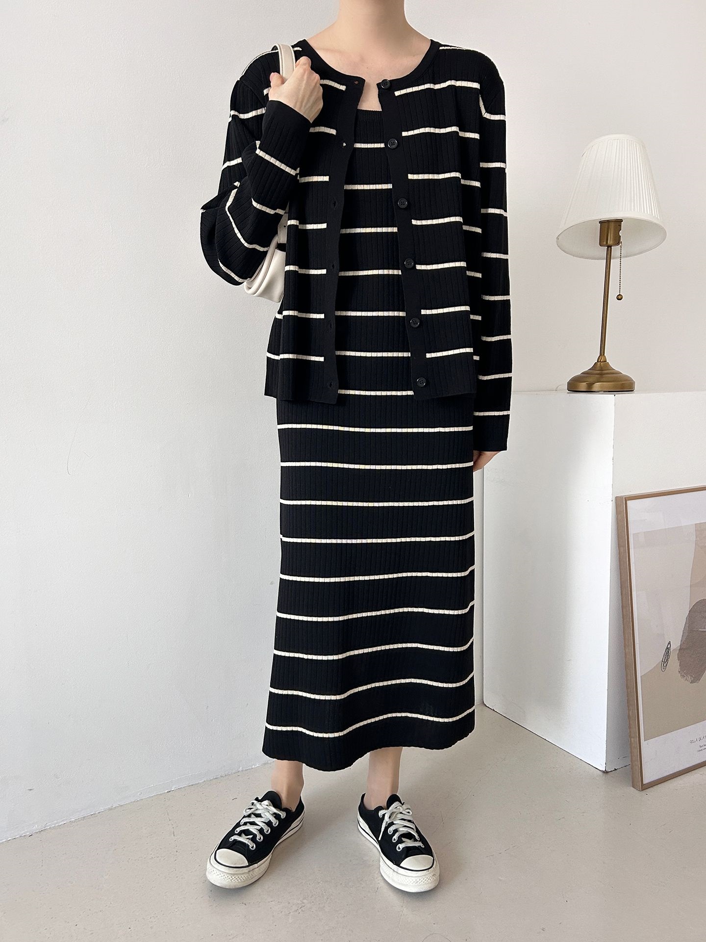 ニットラウンドネックボーダーワンピースカーディガンアンサンブル | 詳細画像10