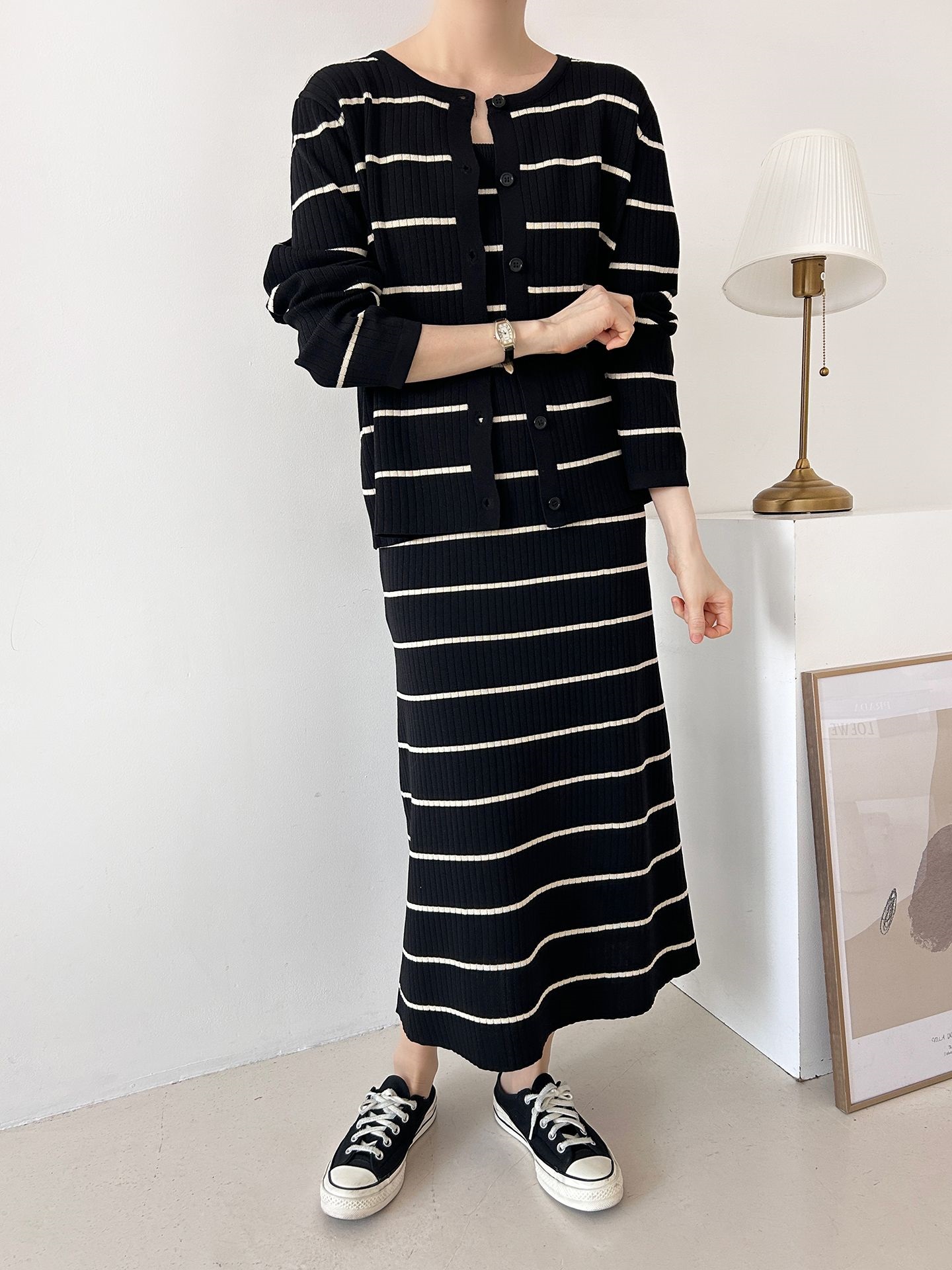 ニットラウンドネックボーダーワンピースカーディガンアンサンブル | 詳細画像13