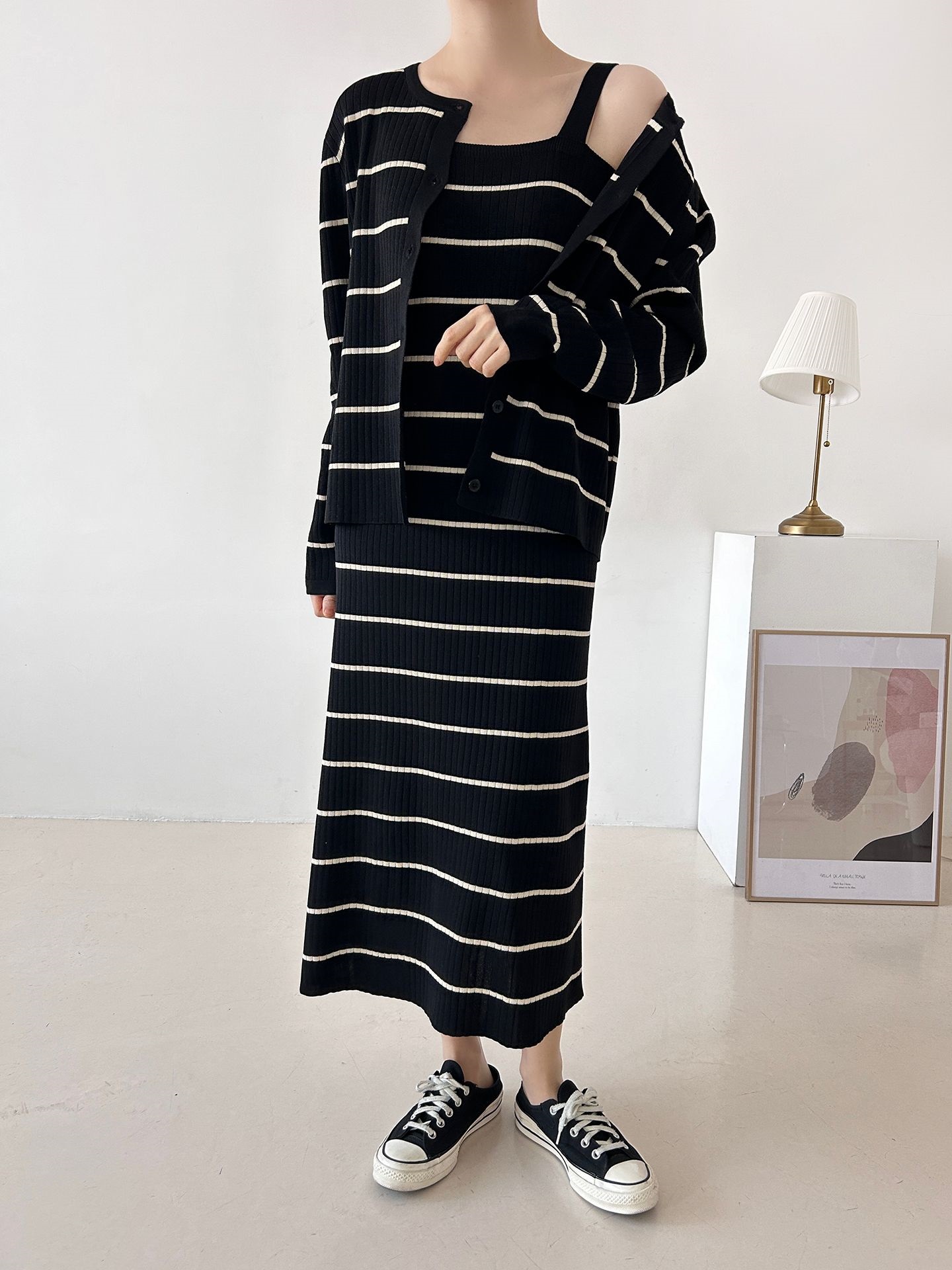 ニットラウンドネックボーダーワンピースカーディガンアンサンブル | 詳細画像14