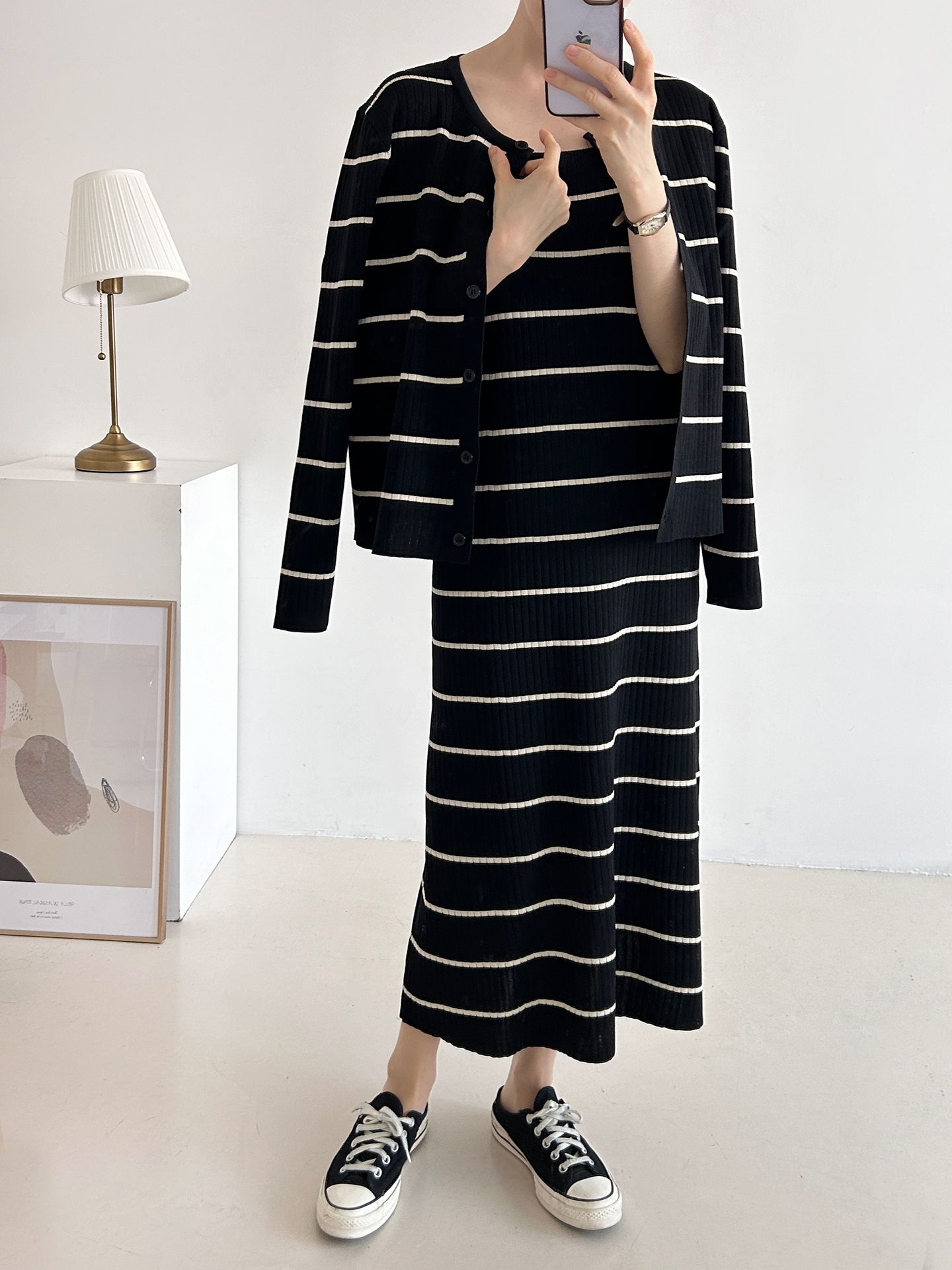 ニットラウンドネックボーダーワンピースカーディガンアンサンブル | 詳細画像16