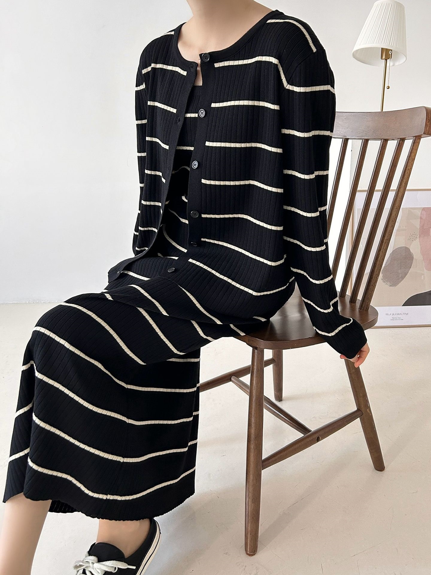 ニットラウンドネックボーダーワンピースカーディガンアンサンブル | 詳細画像17