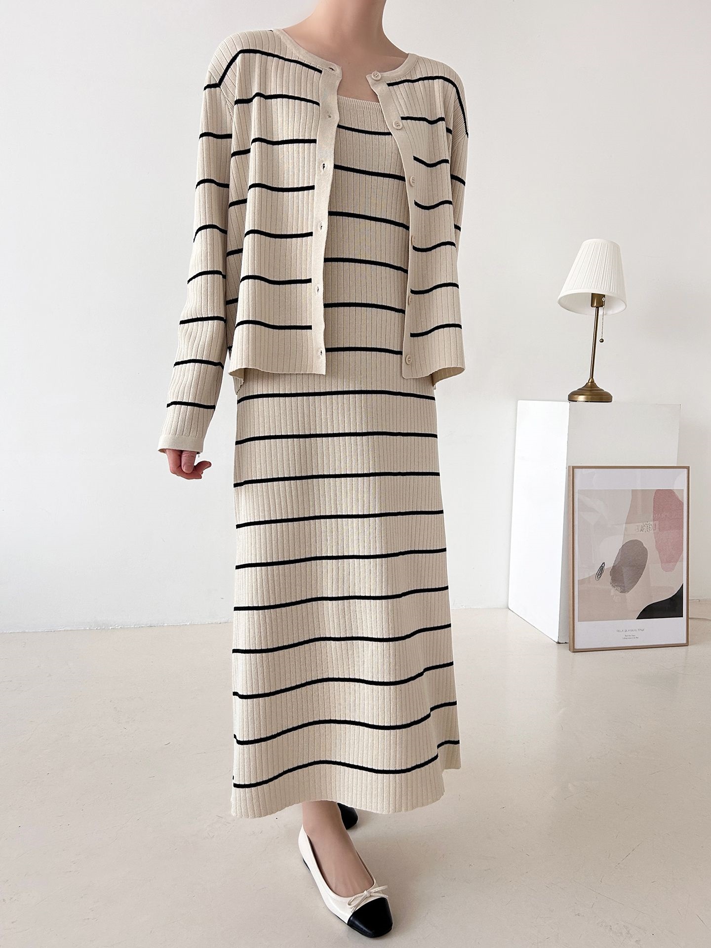 ニットラウンドネックボーダーワンピースカーディガンアンサンブル | 詳細画像19