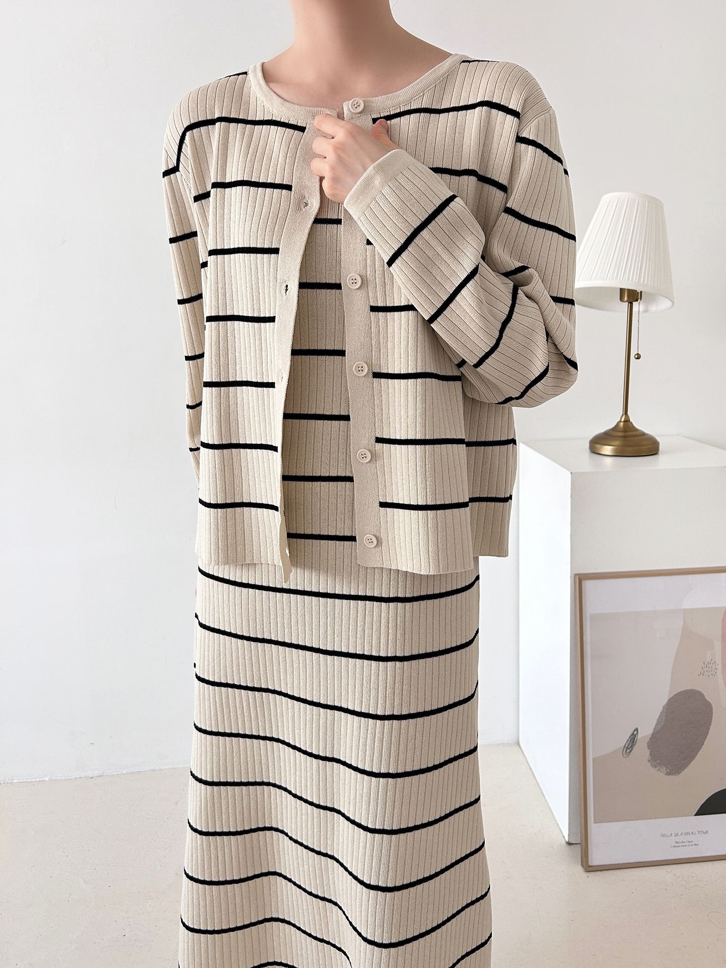 ニットラウンドネックボーダーワンピースカーディガンアンサンブル | 詳細画像21