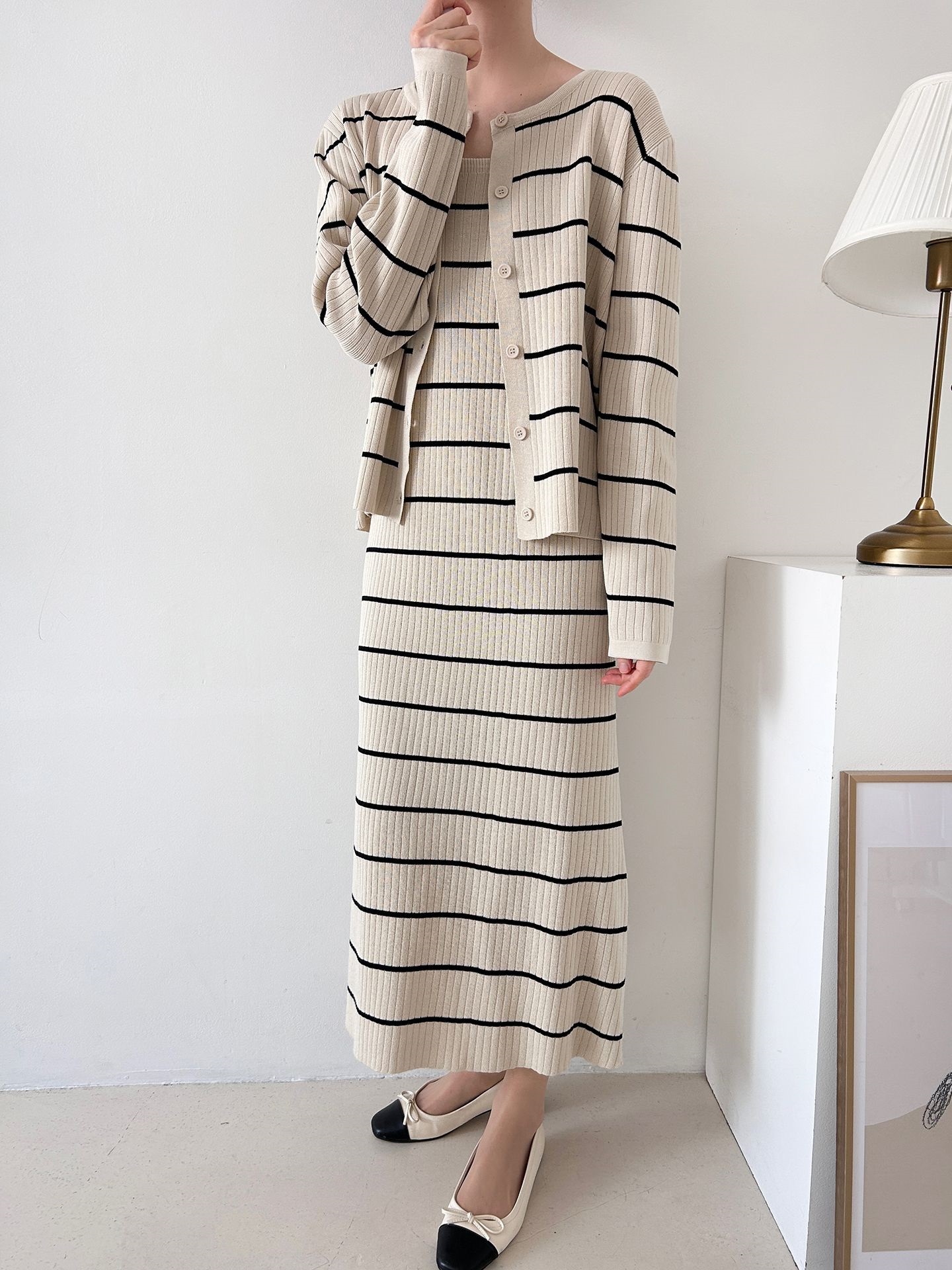 ニットラウンドネックボーダーワンピースカーディガンアンサンブル | 詳細画像23