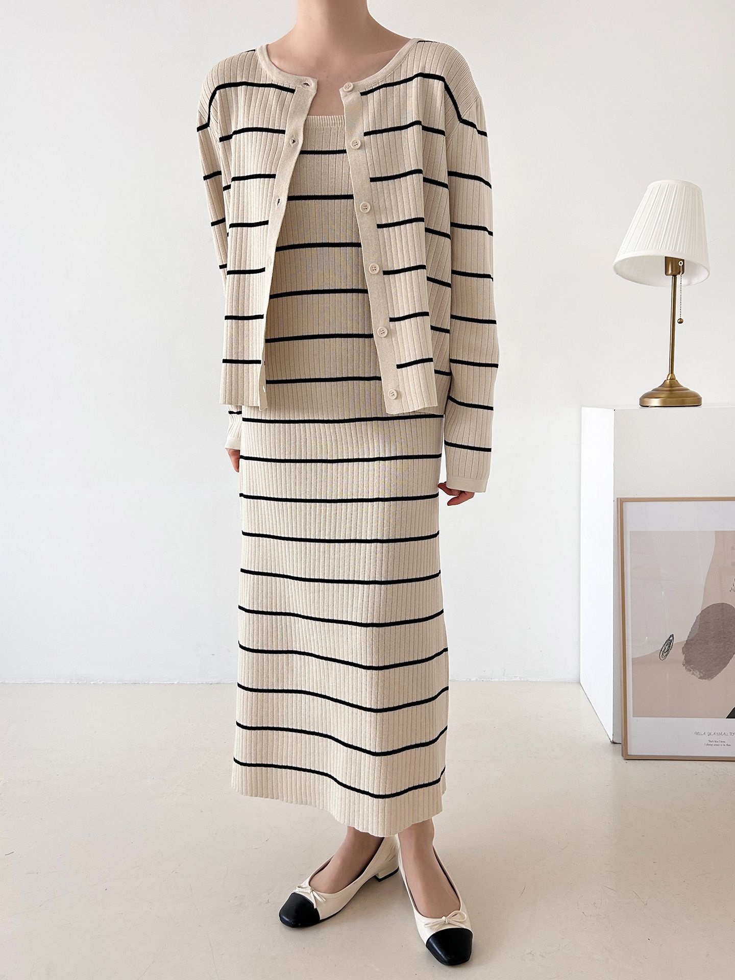 ニットラウンドネックボーダーワンピースカーディガンアンサンブル | 詳細画像24