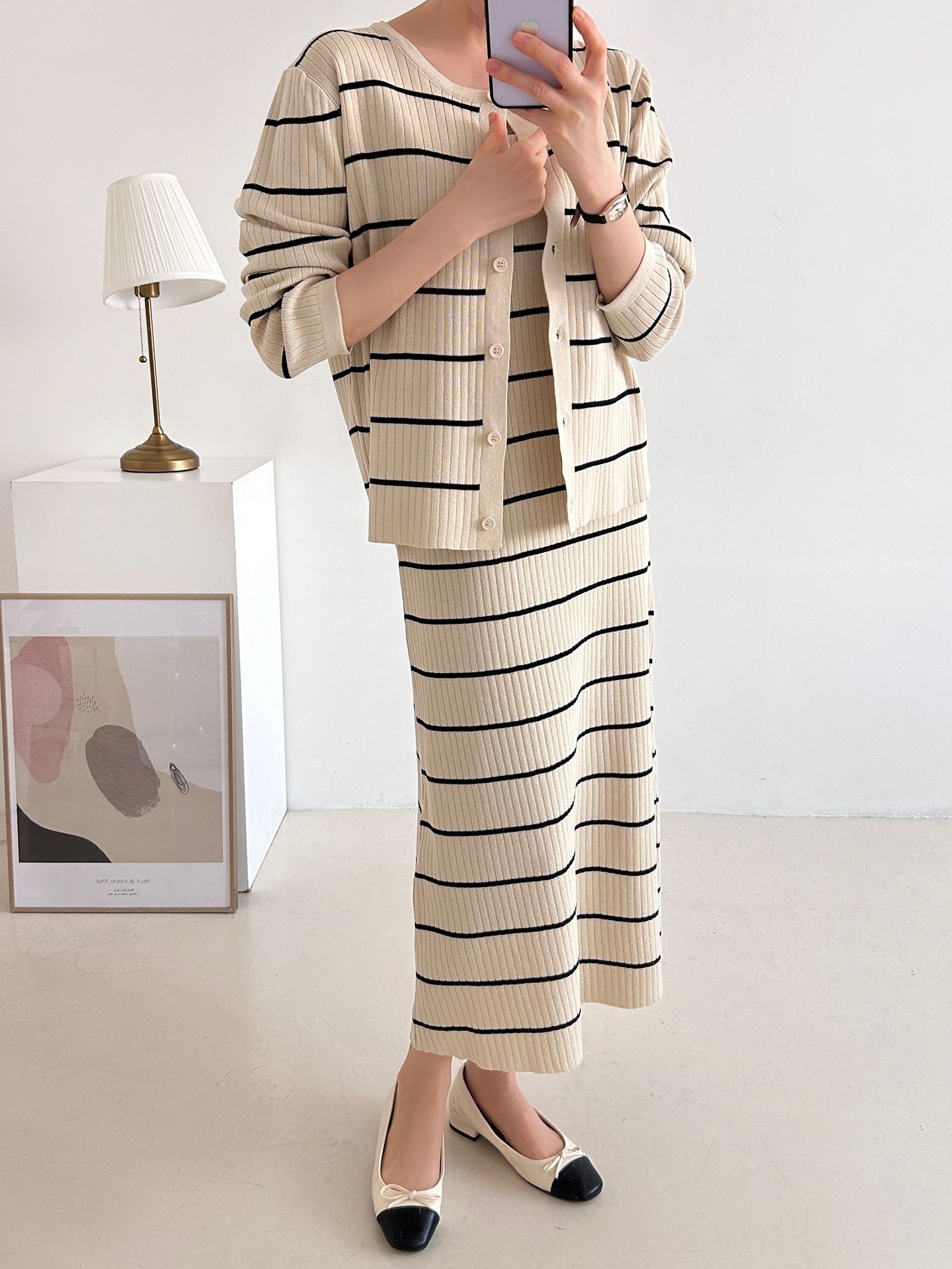 ニットラウンドネックボーダーワンピースカーディガンアンサンブル | 詳細画像25