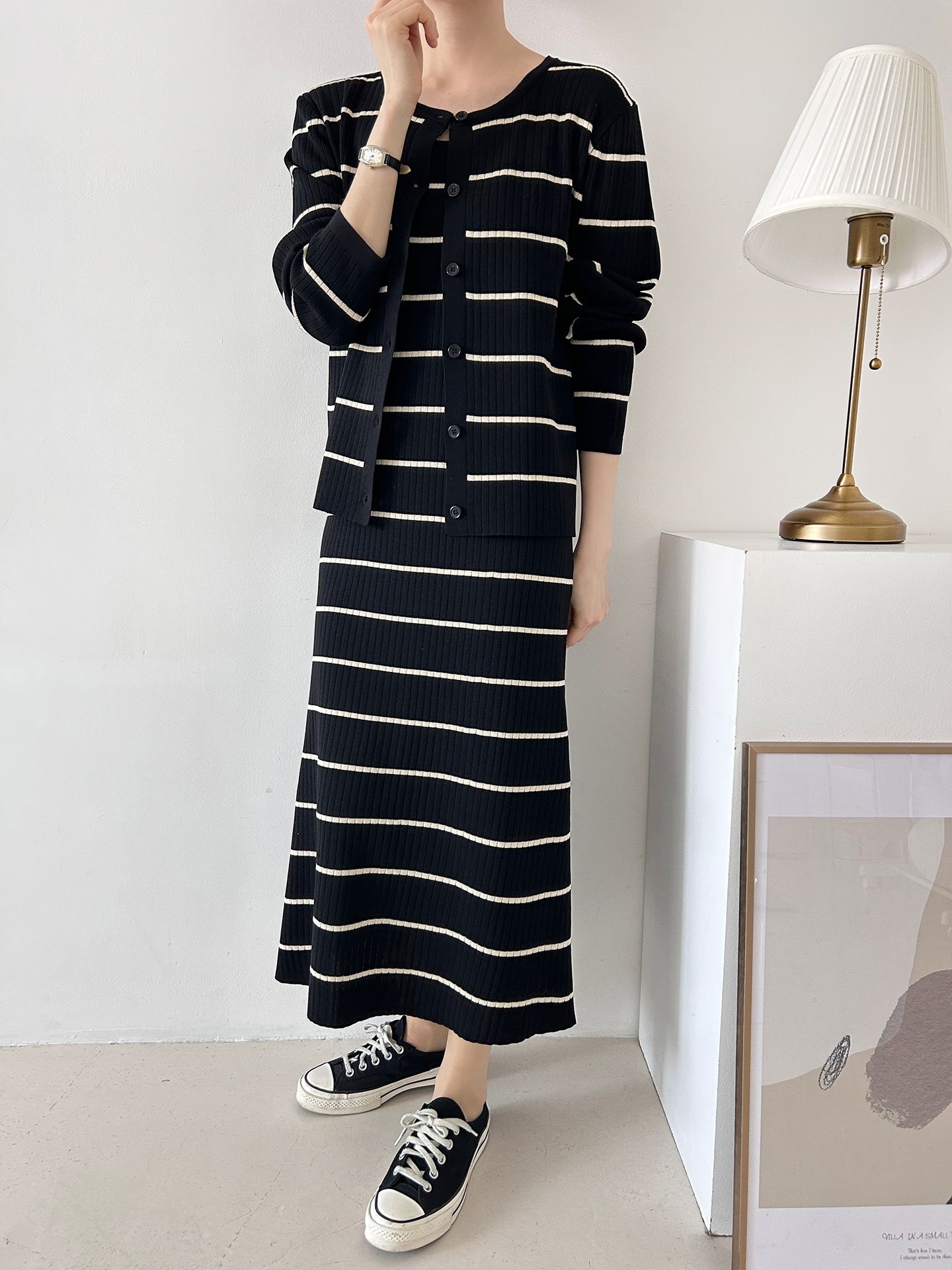 ニットラウンドネックボーダーワンピースカーディガンアンサンブル | 詳細画像15