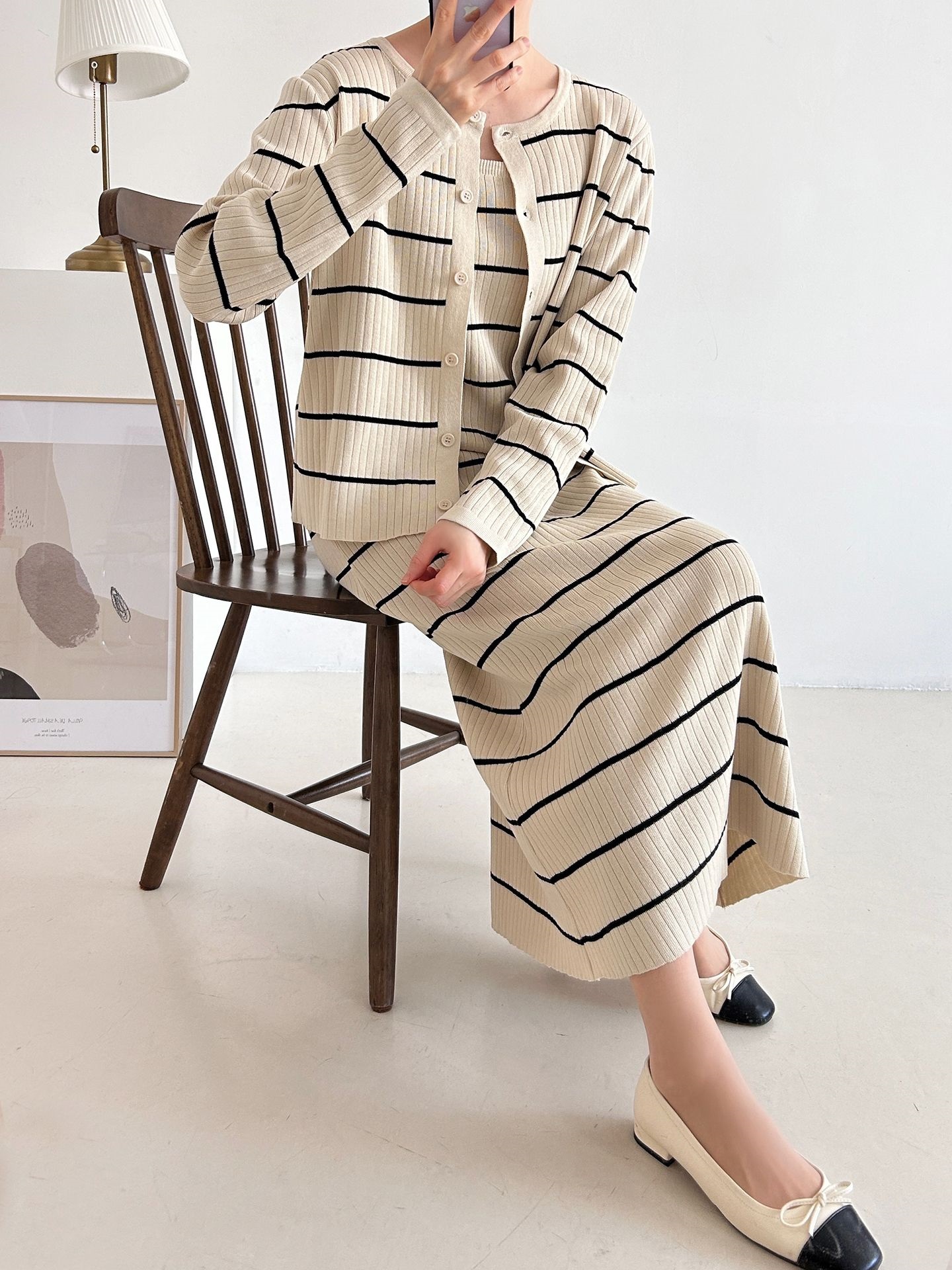 ニットラウンドネックボーダーワンピースカーディガンアンサンブル | 詳細画像26