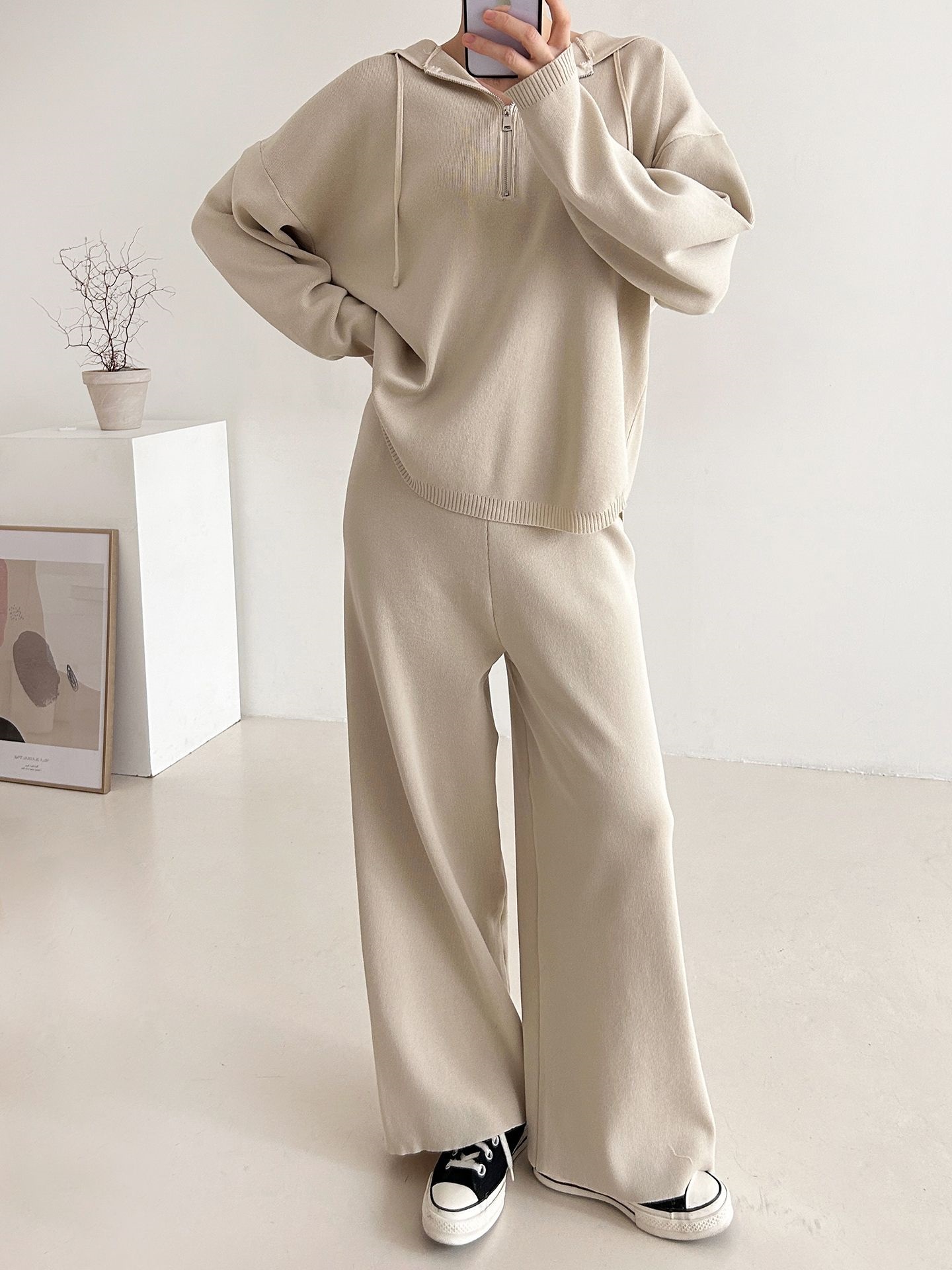 ハーフジップフードウエストゴムセットアップパンツニット | 詳細画像3