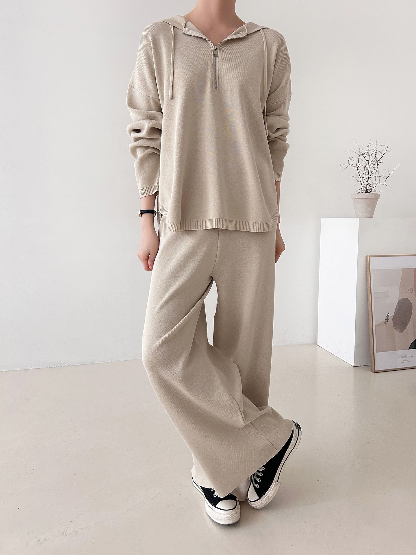 ハーフジップフードウエストゴムセットアップパンツニット | 詳細画像4