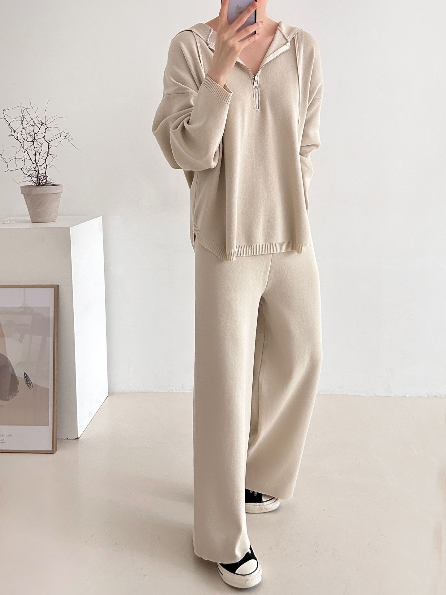 ハーフジップフードウエストゴムセットアップパンツニット | 詳細画像5