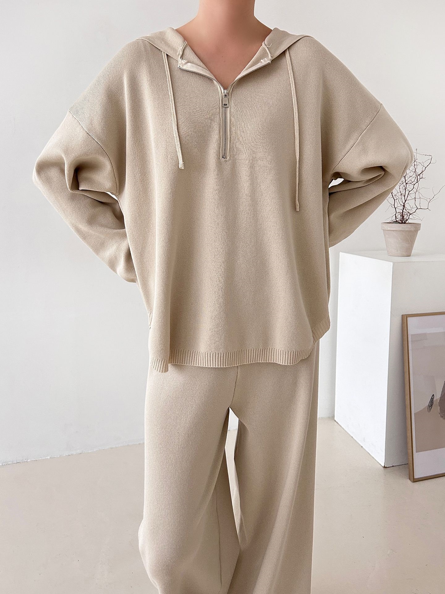 ハーフジップフードウエストゴムセットアップパンツニット | 詳細画像6