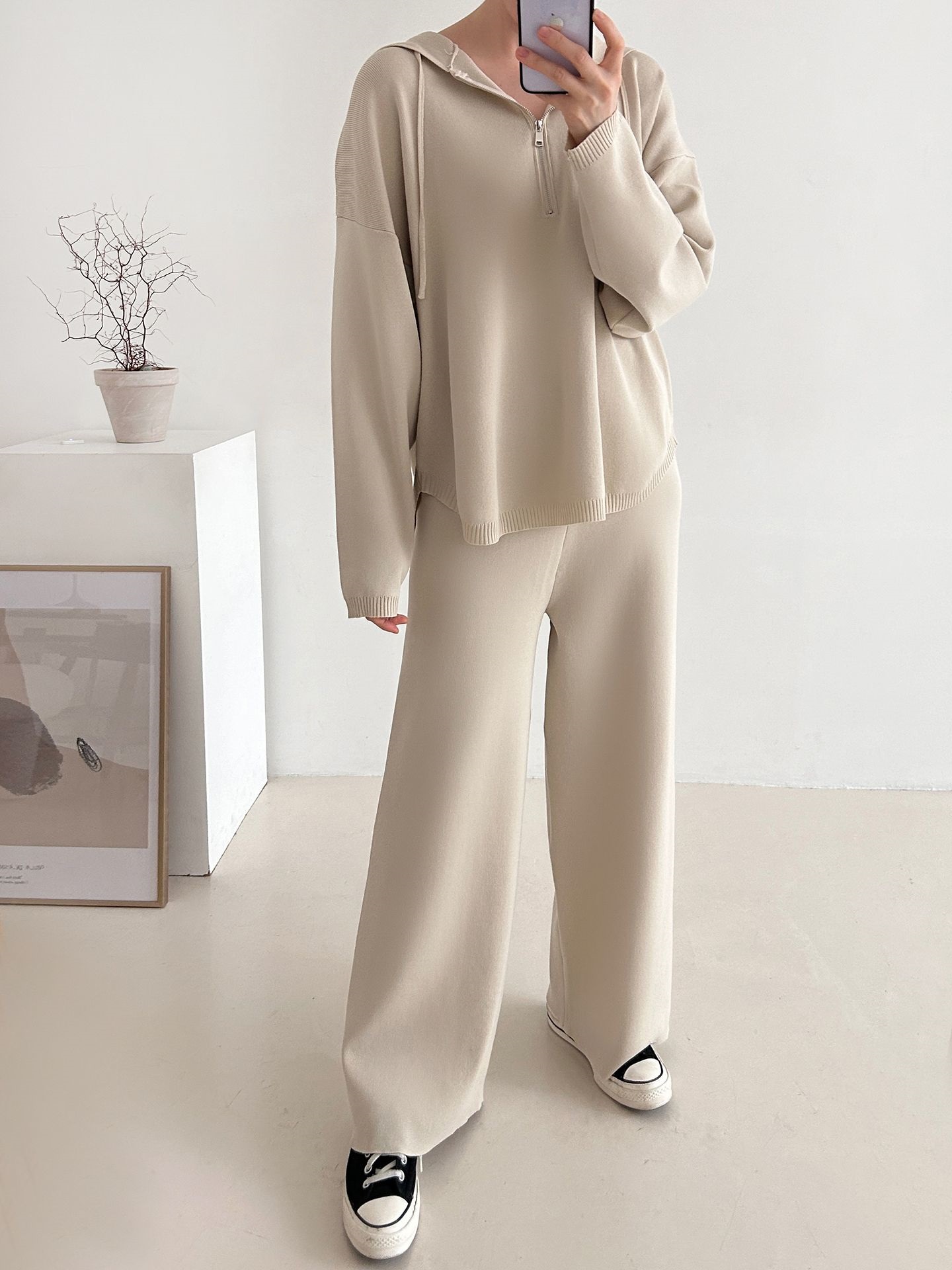 ハーフジップフードウエストゴムセットアップパンツニット | 詳細画像7