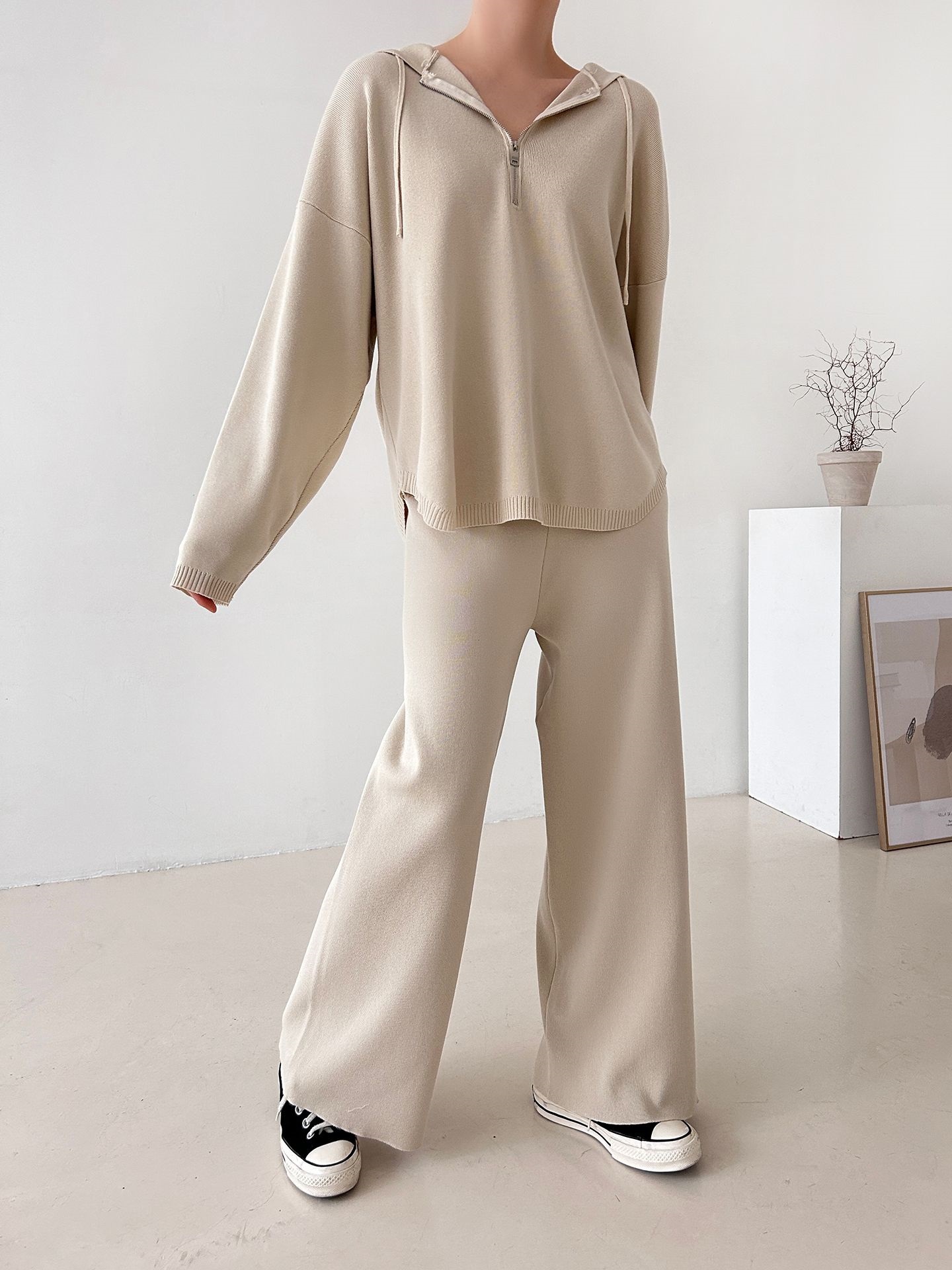 ハーフジップフードウエストゴムセットアップパンツニット | 詳細画像8