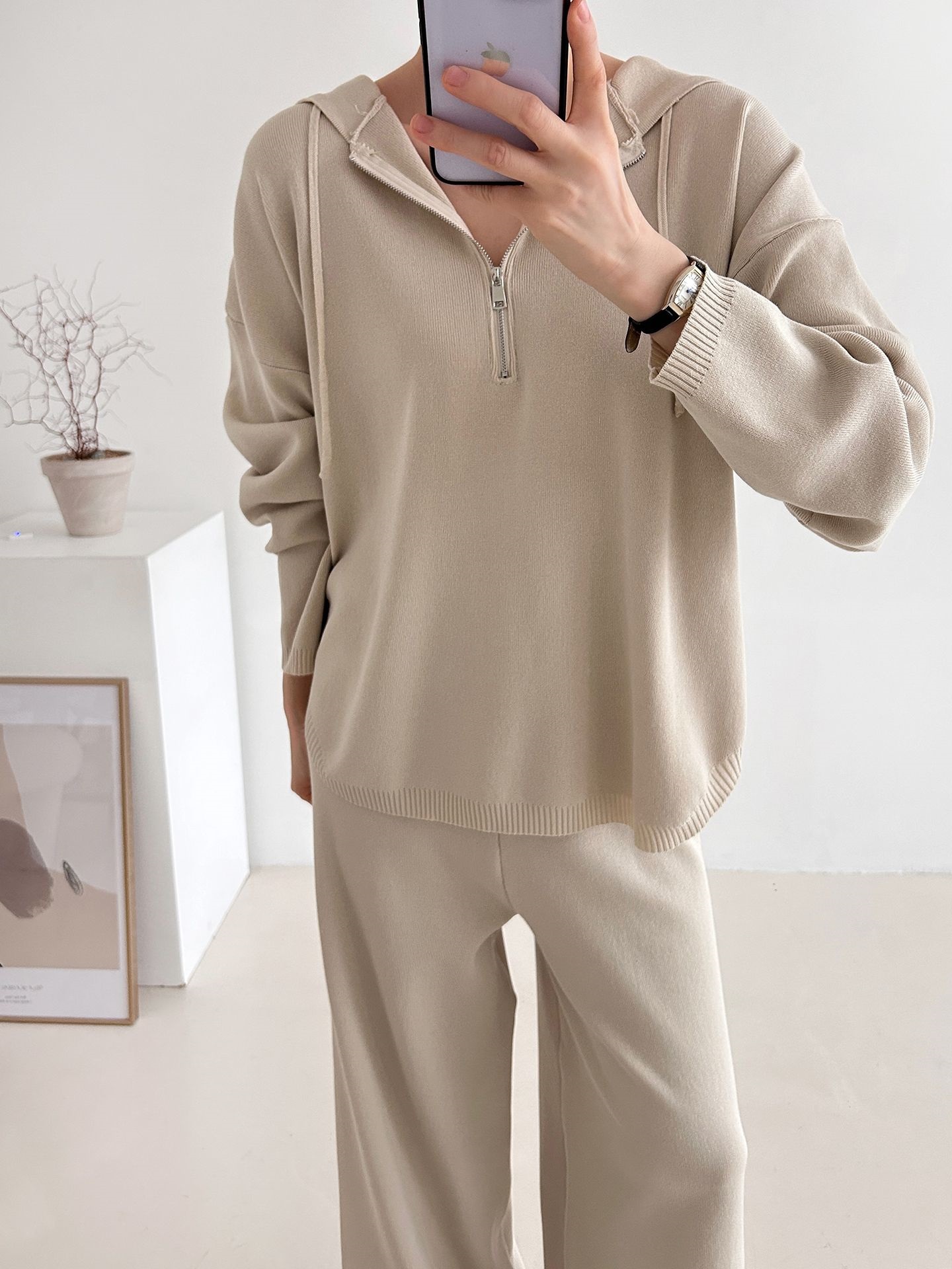 ハーフジップフードウエストゴムセットアップパンツニット | 詳細画像9