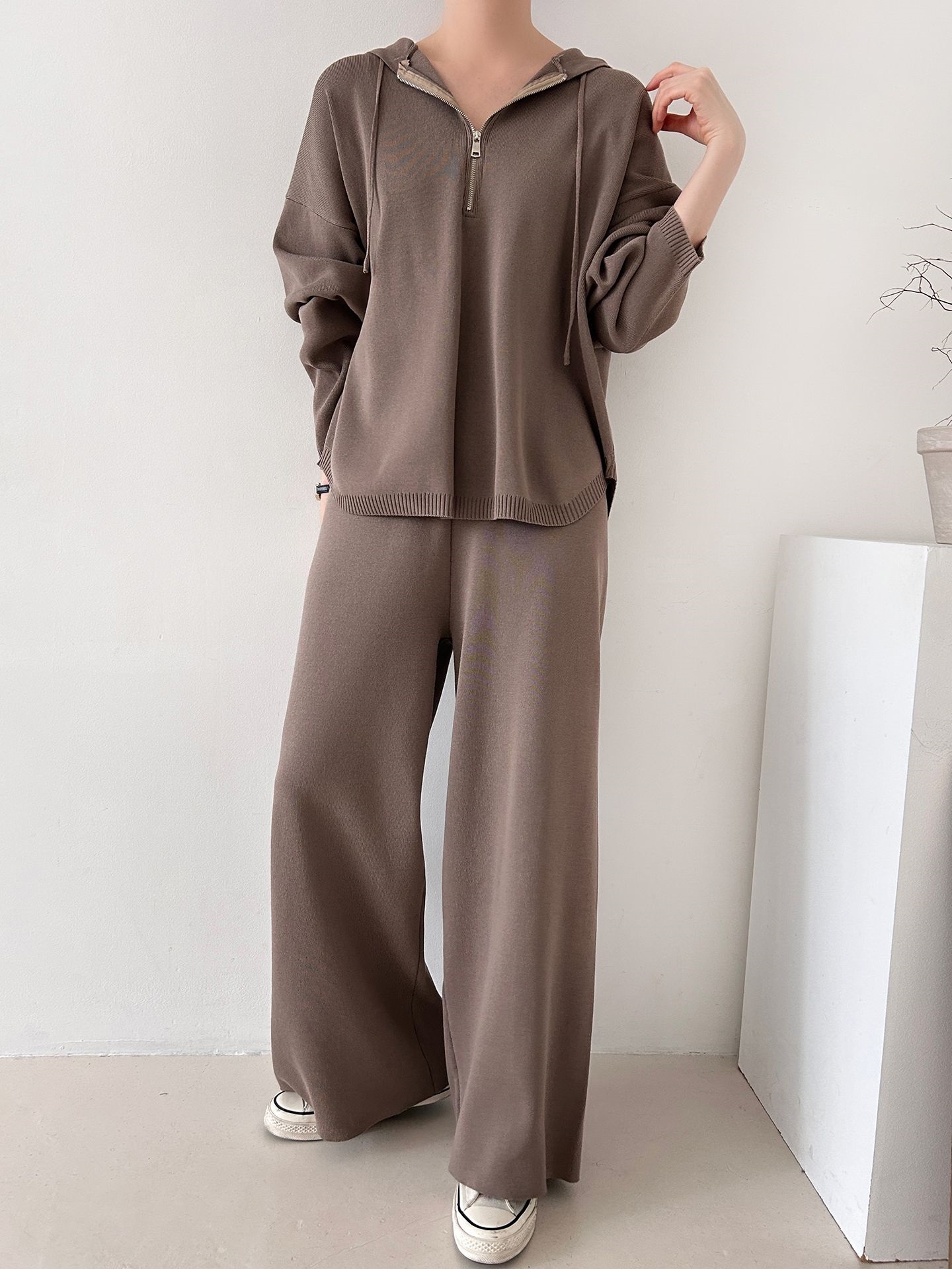 ハーフジップフードウエストゴムセットアップパンツニット | 詳細画像16