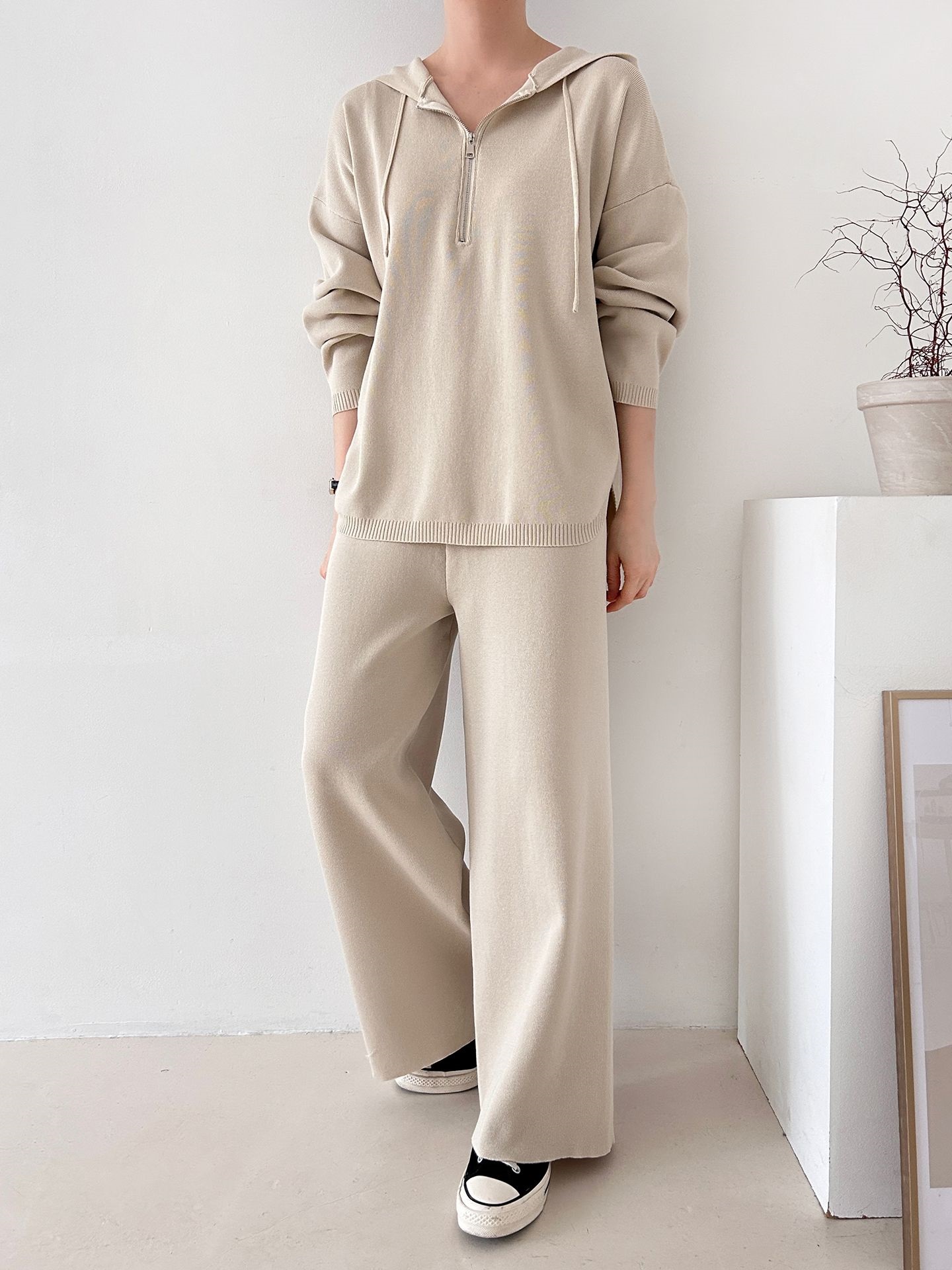 ハーフジップフードウエストゴムセットアップパンツニット | 詳細画像11