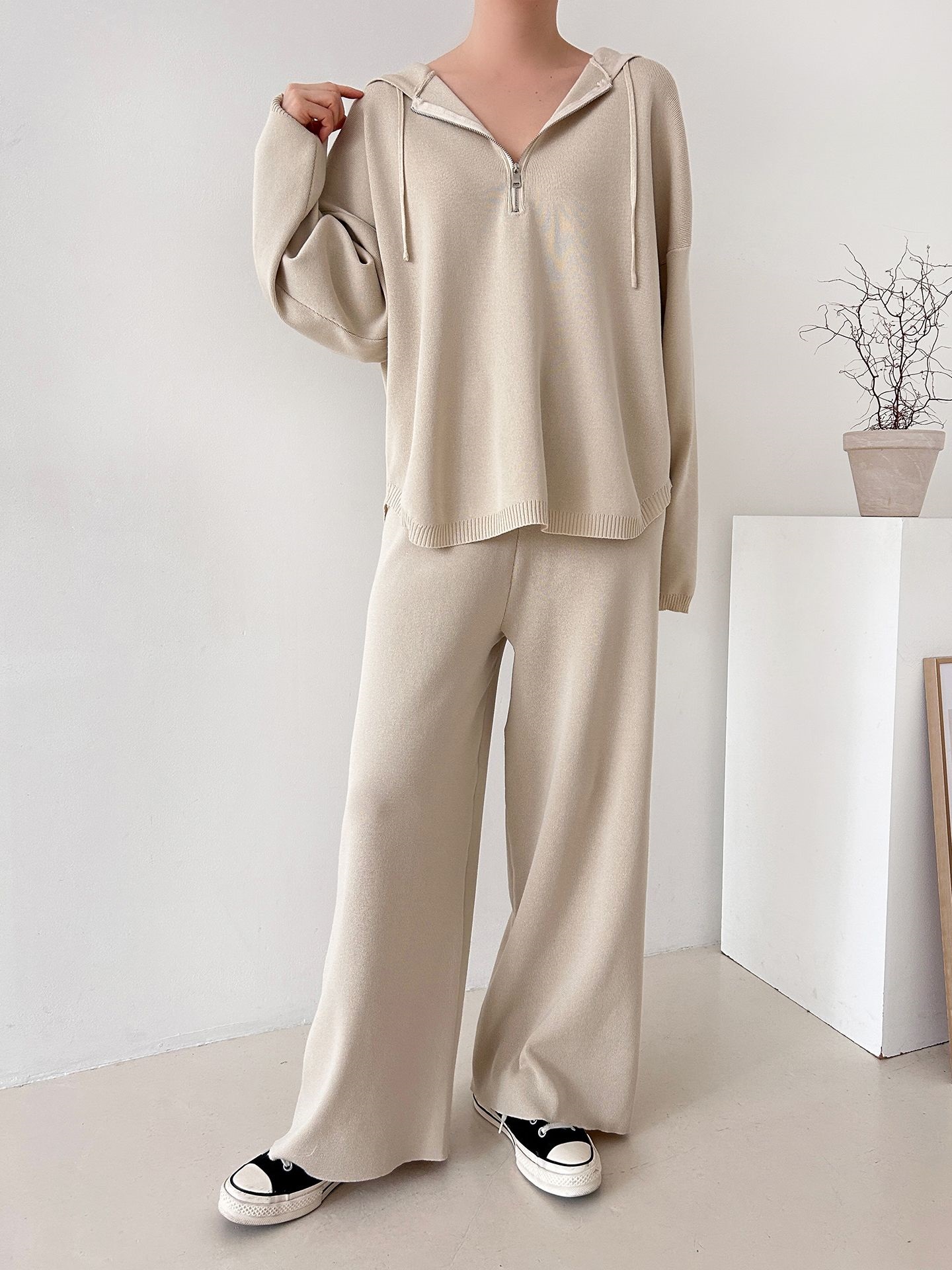 ハーフジップフードウエストゴムセットアップパンツニット | 詳細画像12