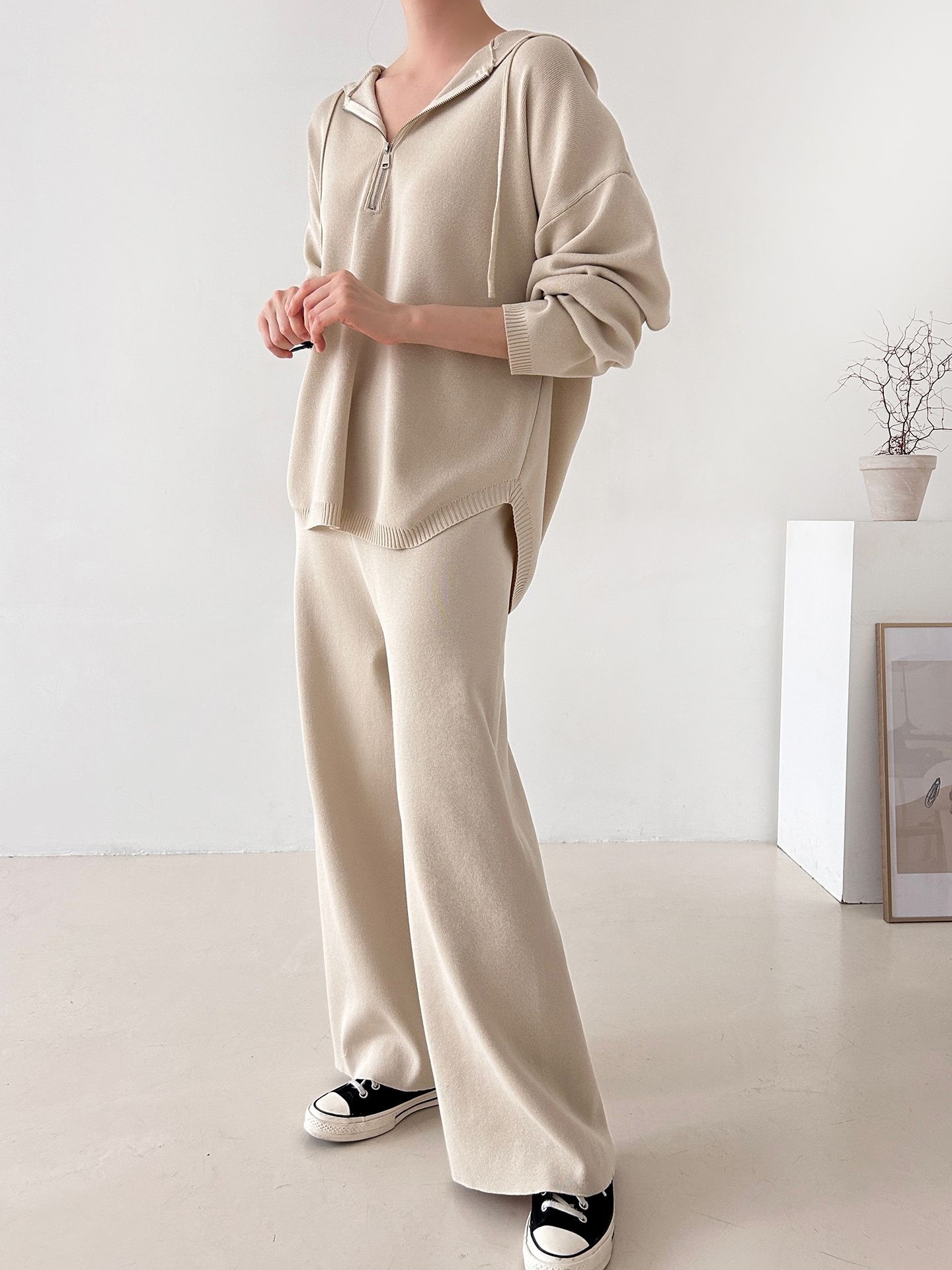 ハーフジップフードウエストゴムセットアップパンツニット | 詳細画像10