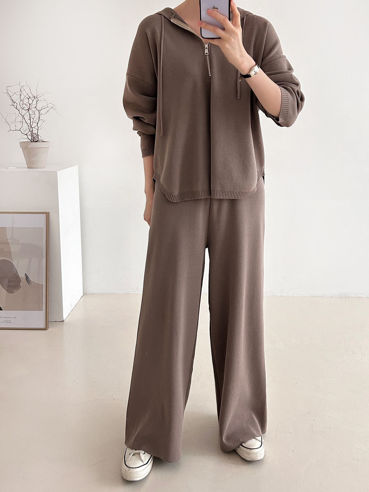 ハーフジップフードウエストゴムセットアップパンツニット | 詳細画像17