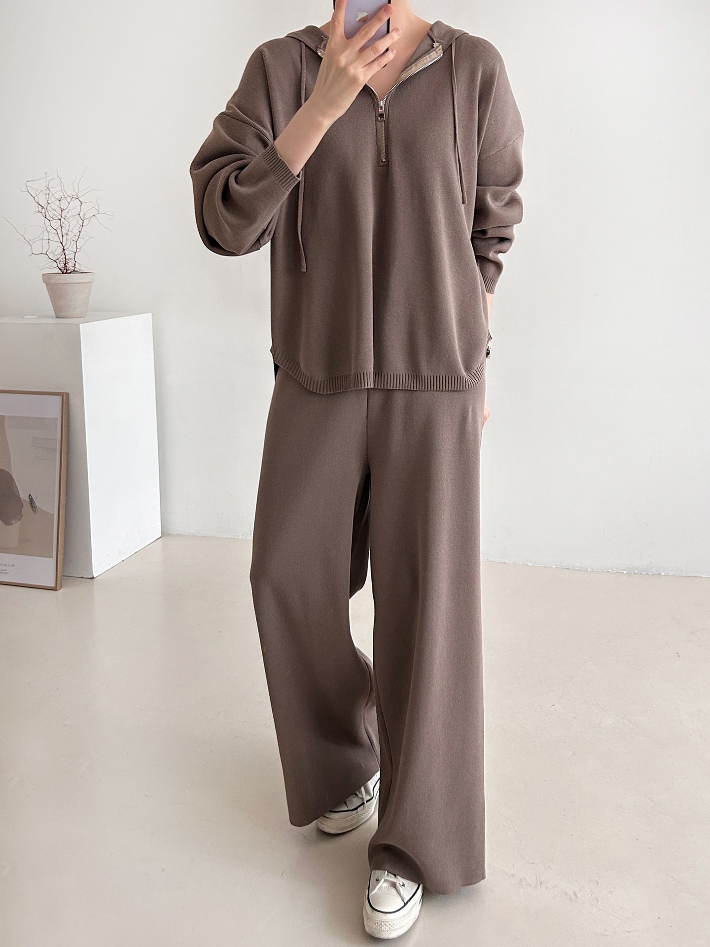 ハーフジップフードウエストゴムセットアップパンツニット | 詳細画像19